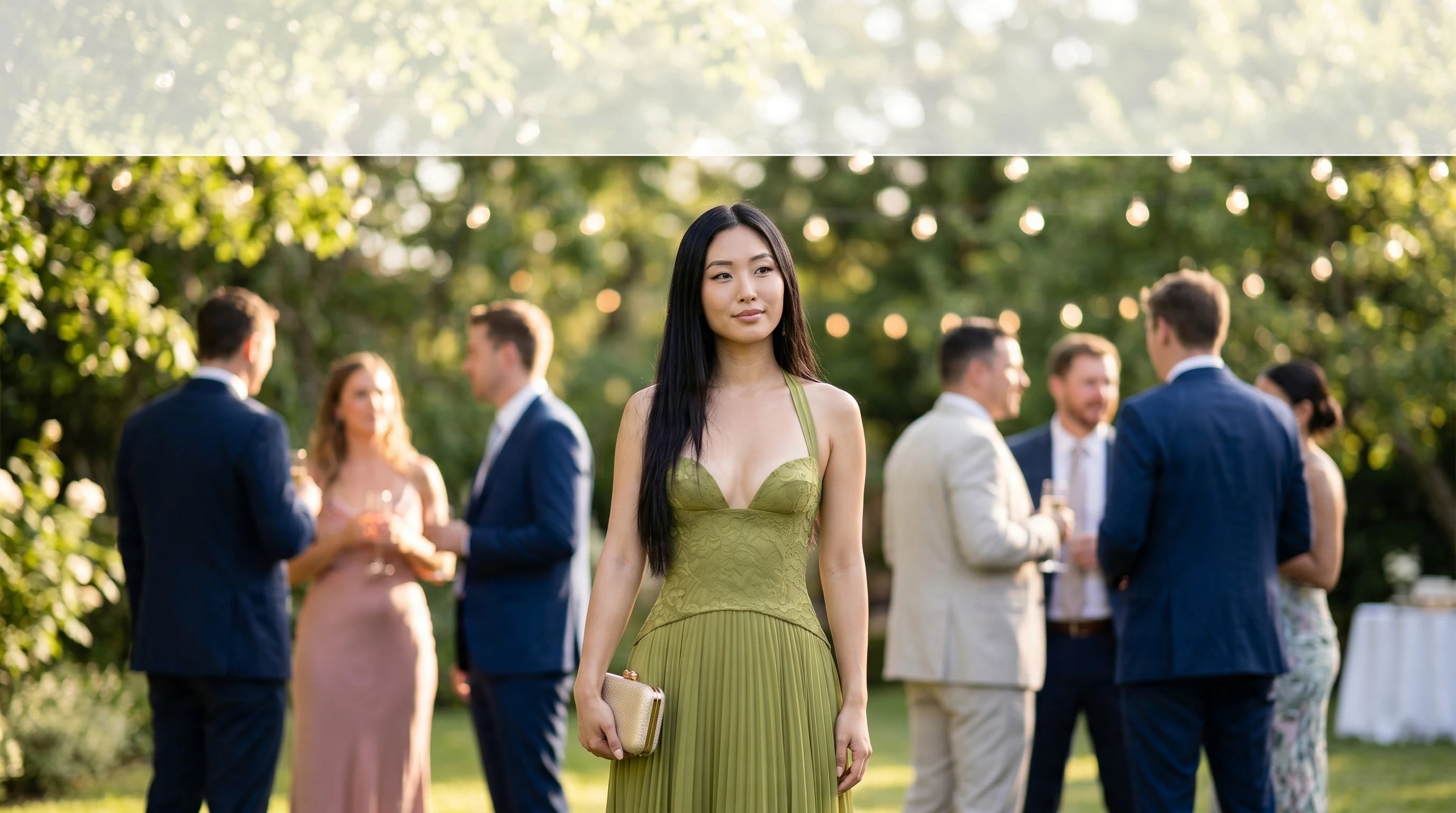 Woman in an olive green maxi dress at an outdoor garden wedding