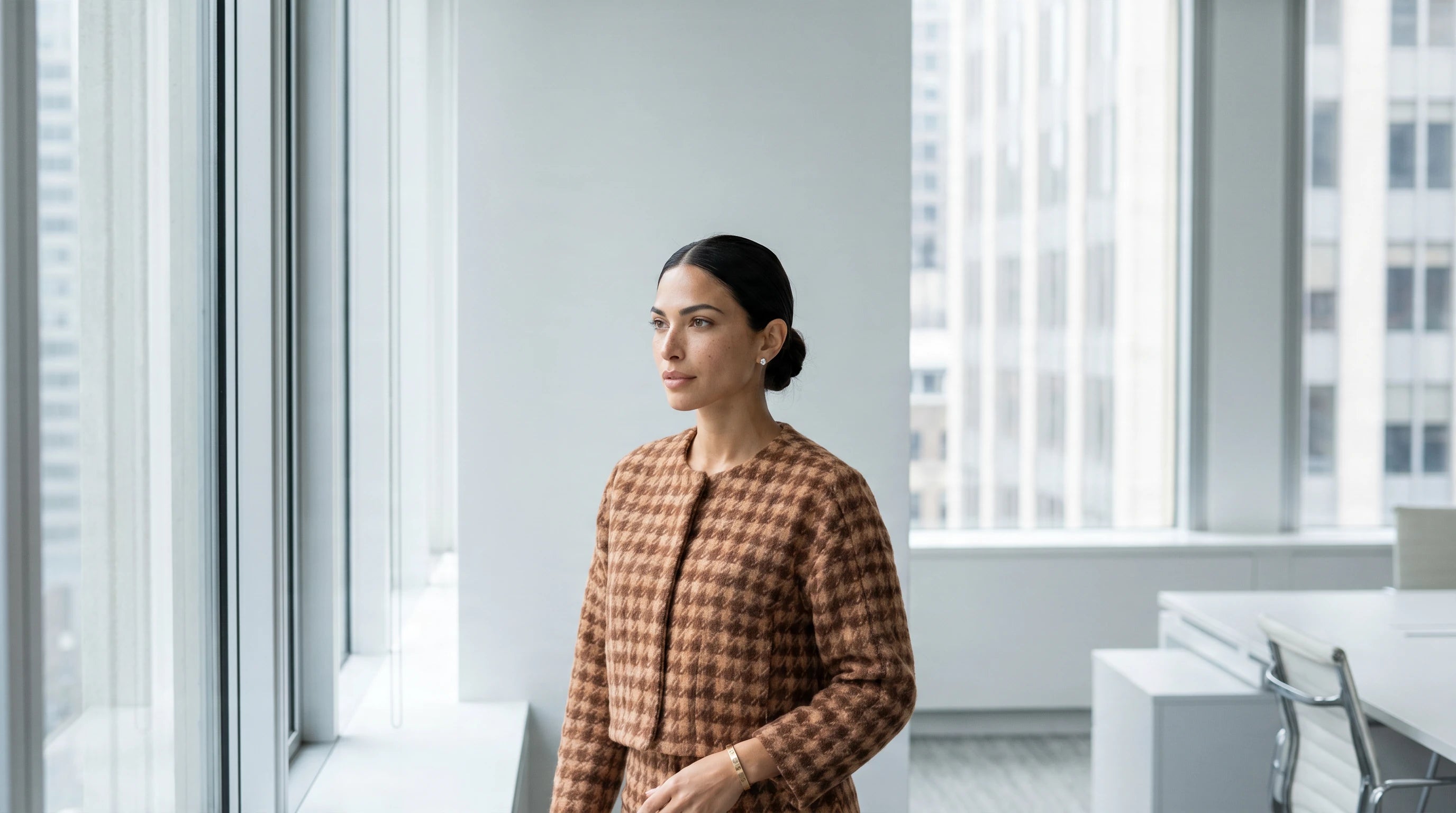 Woman in a brown tailored two-piece set in a modern office