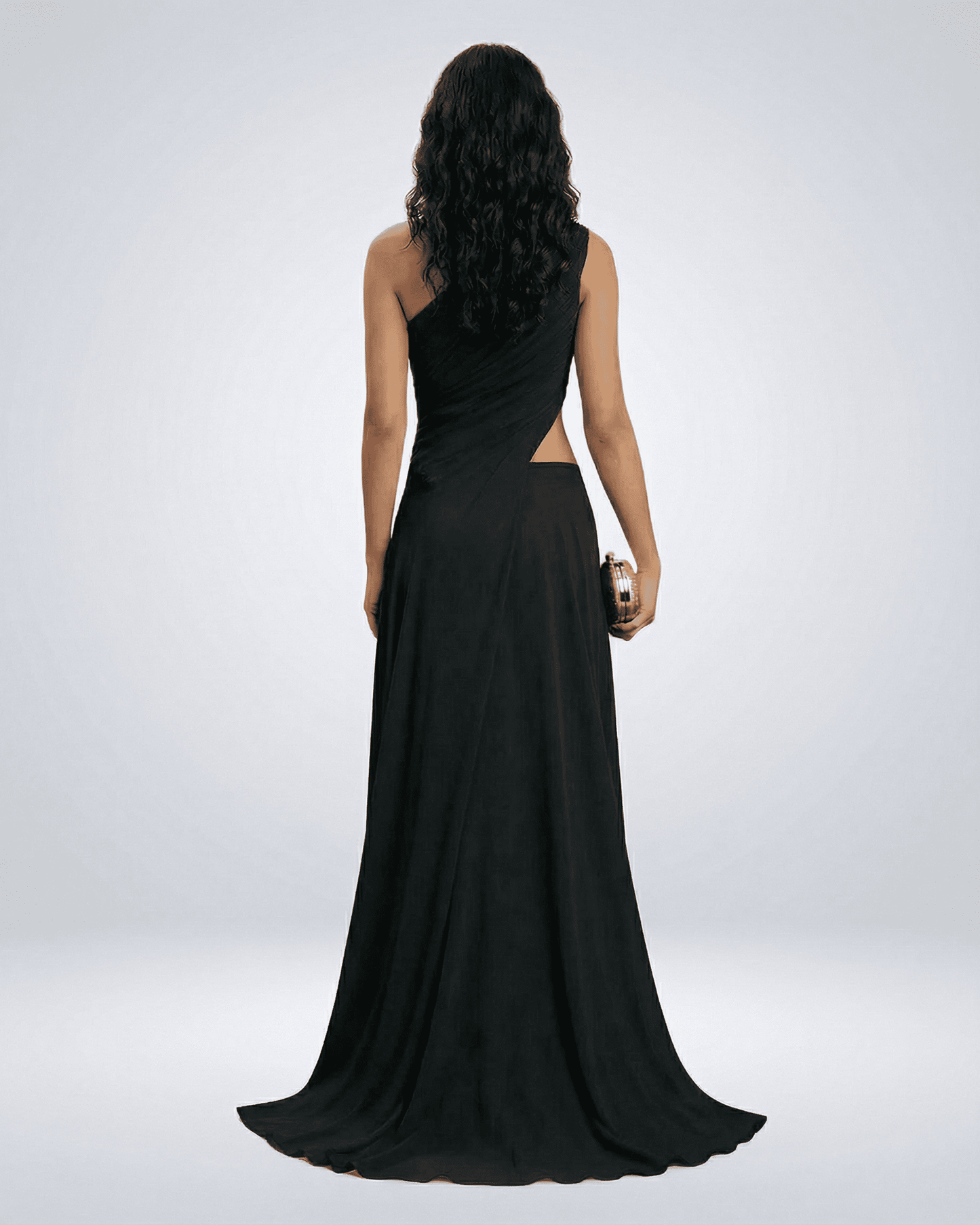 Nocturne Maxi Dress back view featuring one-shoulder design and side slit, by Slimona.