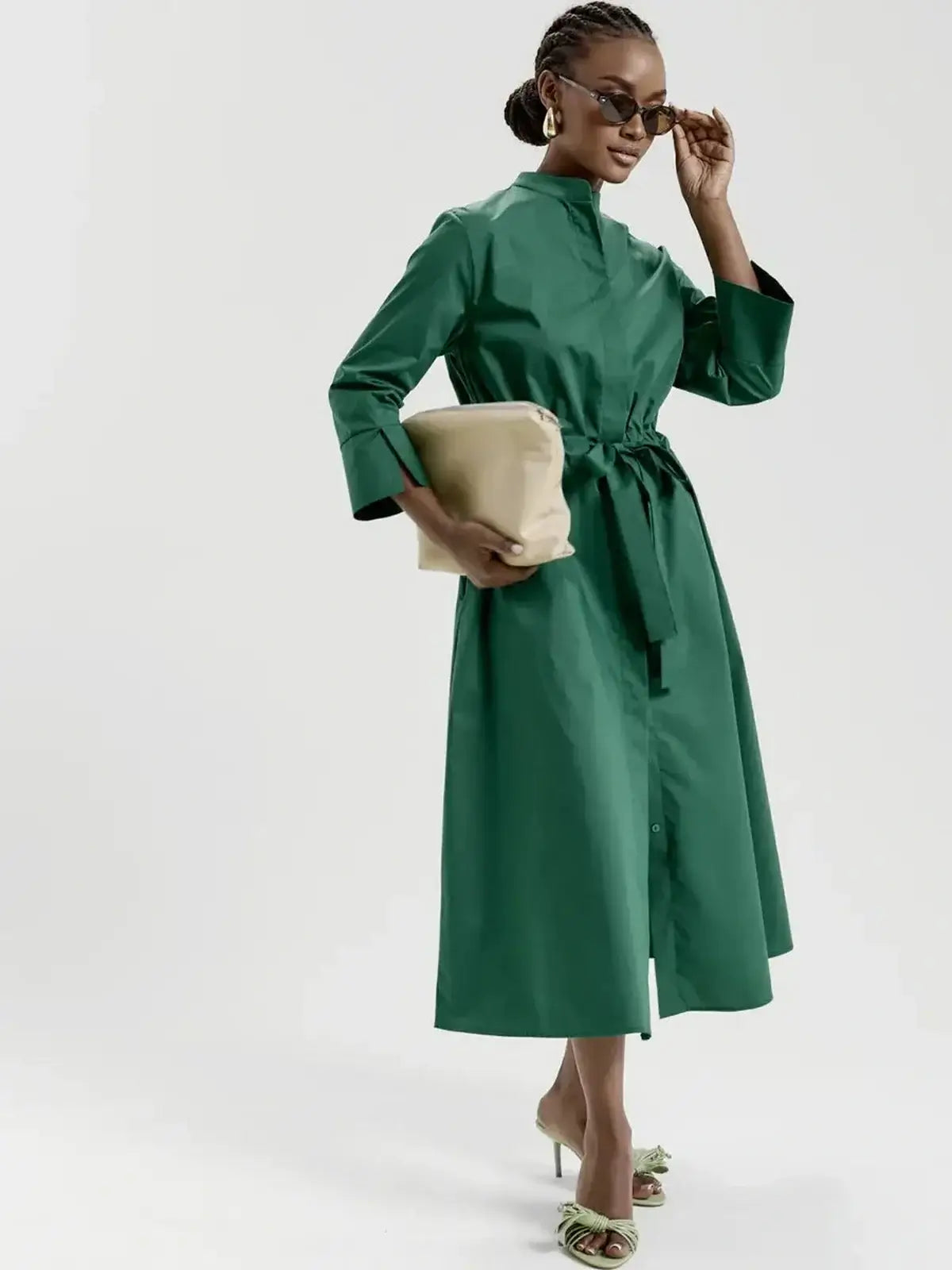 Emerald Ease Midi Dress featuring a stylish shirt collar, cinched waist, and elegant silhouette, perfect for chic occasions.