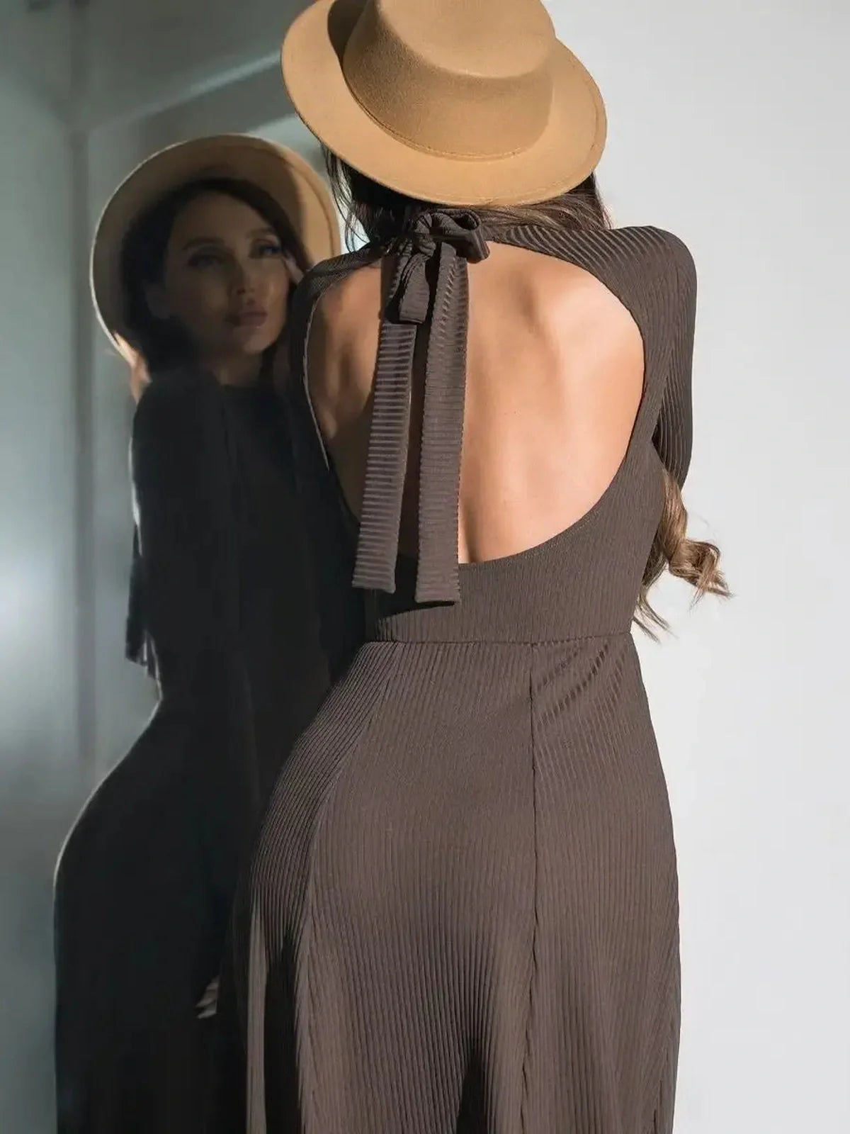 Backless Mocha Muse Midi Dress showcasing earthy tones, perfect for weddings and special occasions.