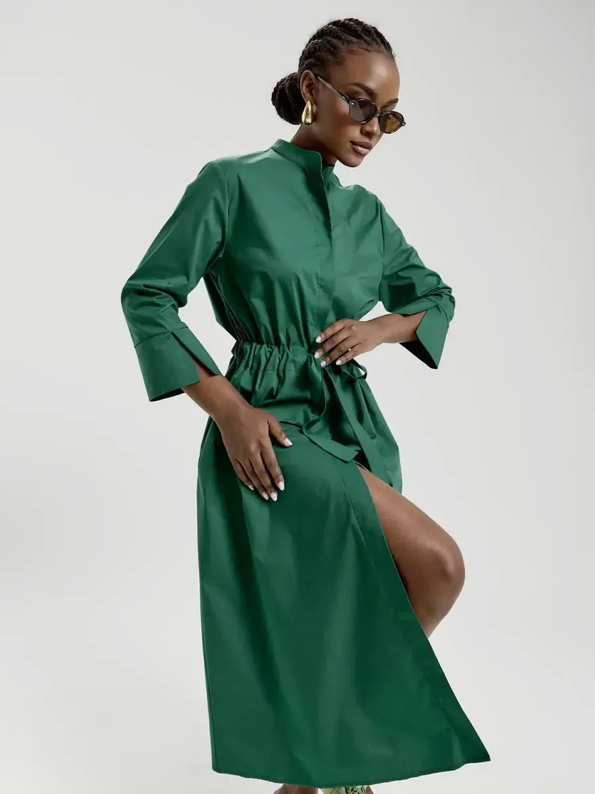 Emerald Ease Midi Dress featuring a polished shirt style with waist tie, perfect for formal events and summer wear.