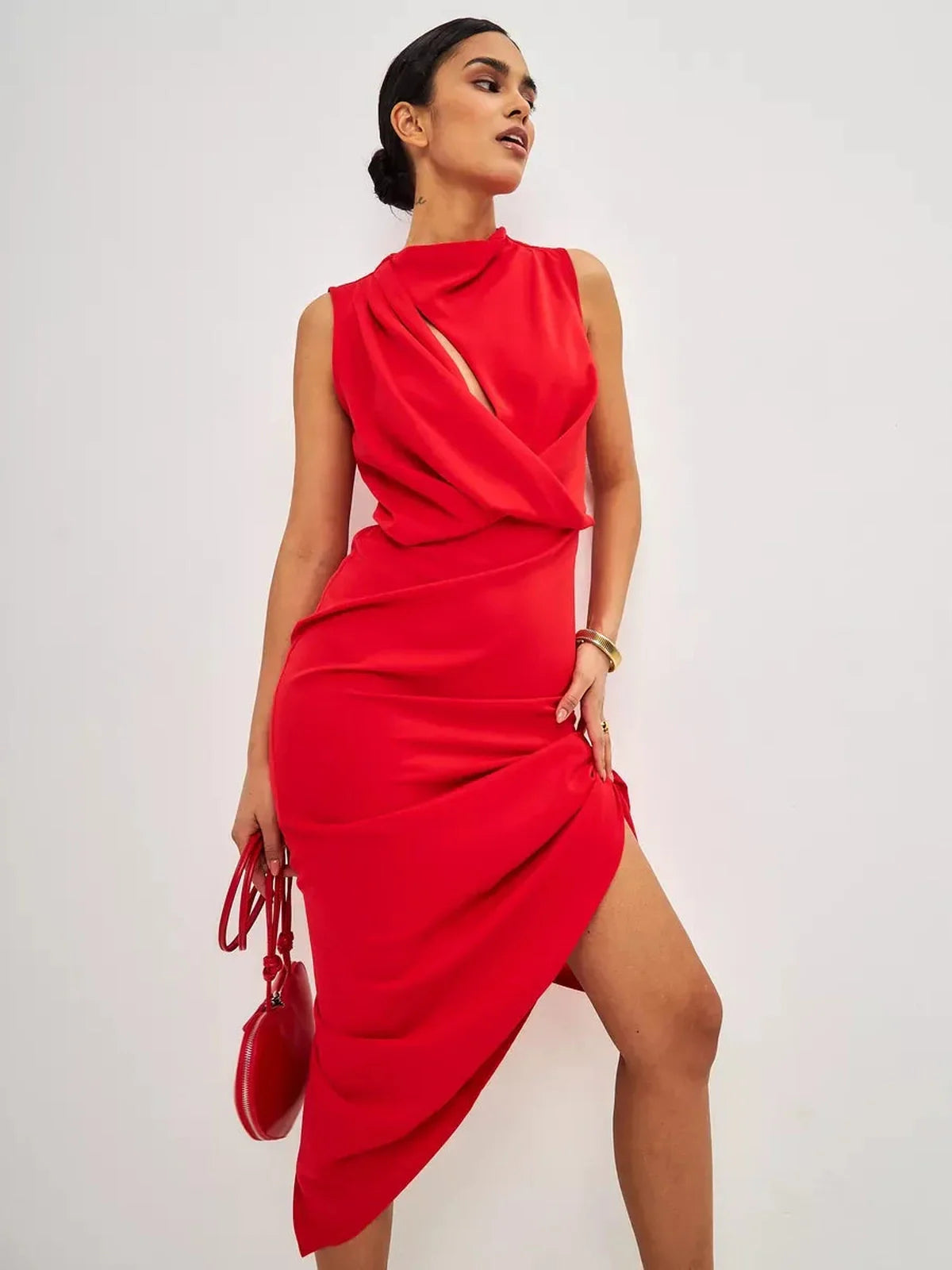 Elegant red drape maxi dress featuring a stylish neckline and thigh-high slit, perfect for formal events.