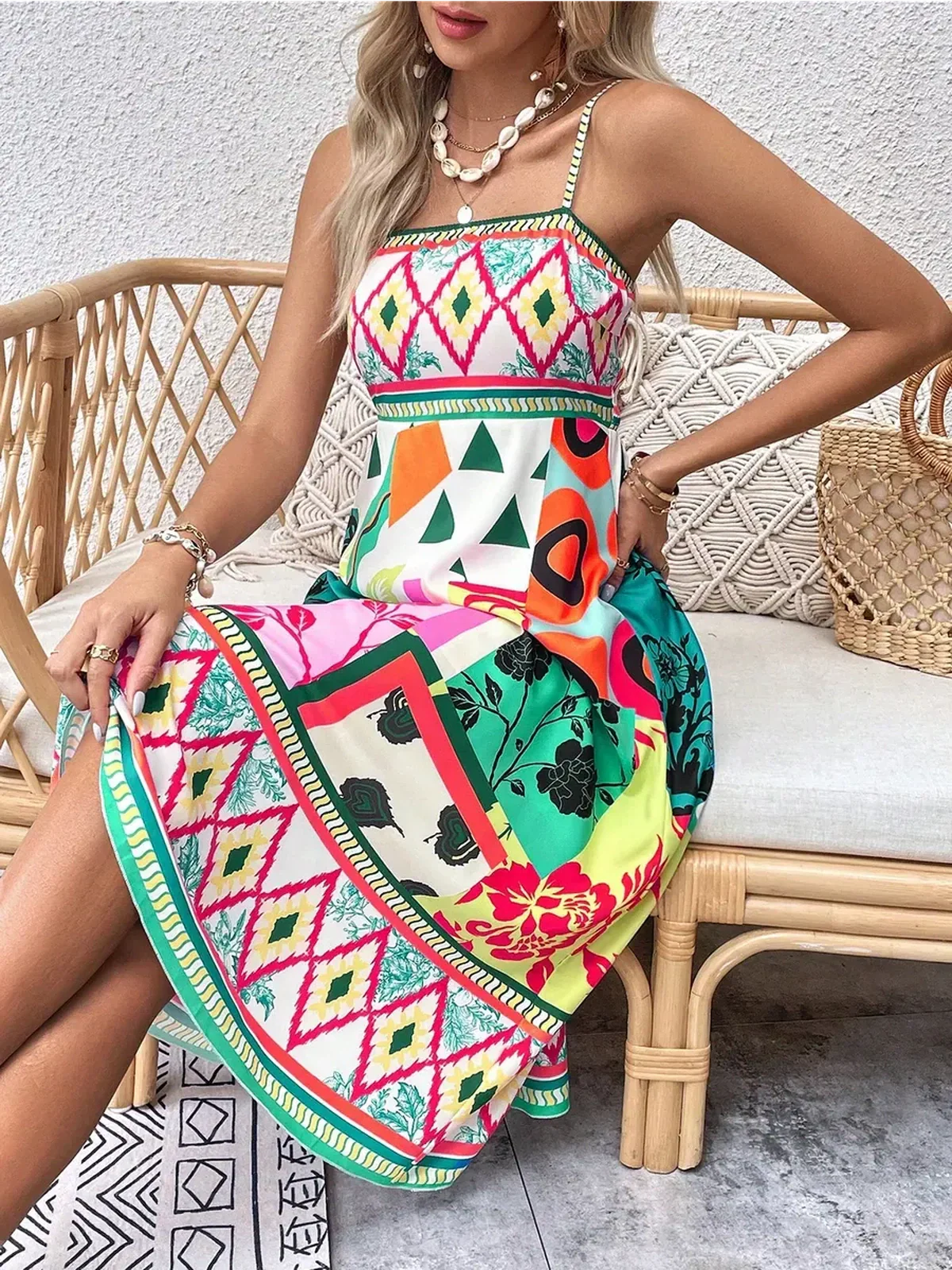 Vibrant Tropica Muse Midi Dress featuring bold patterns, perfect for summer outings or garden parties.