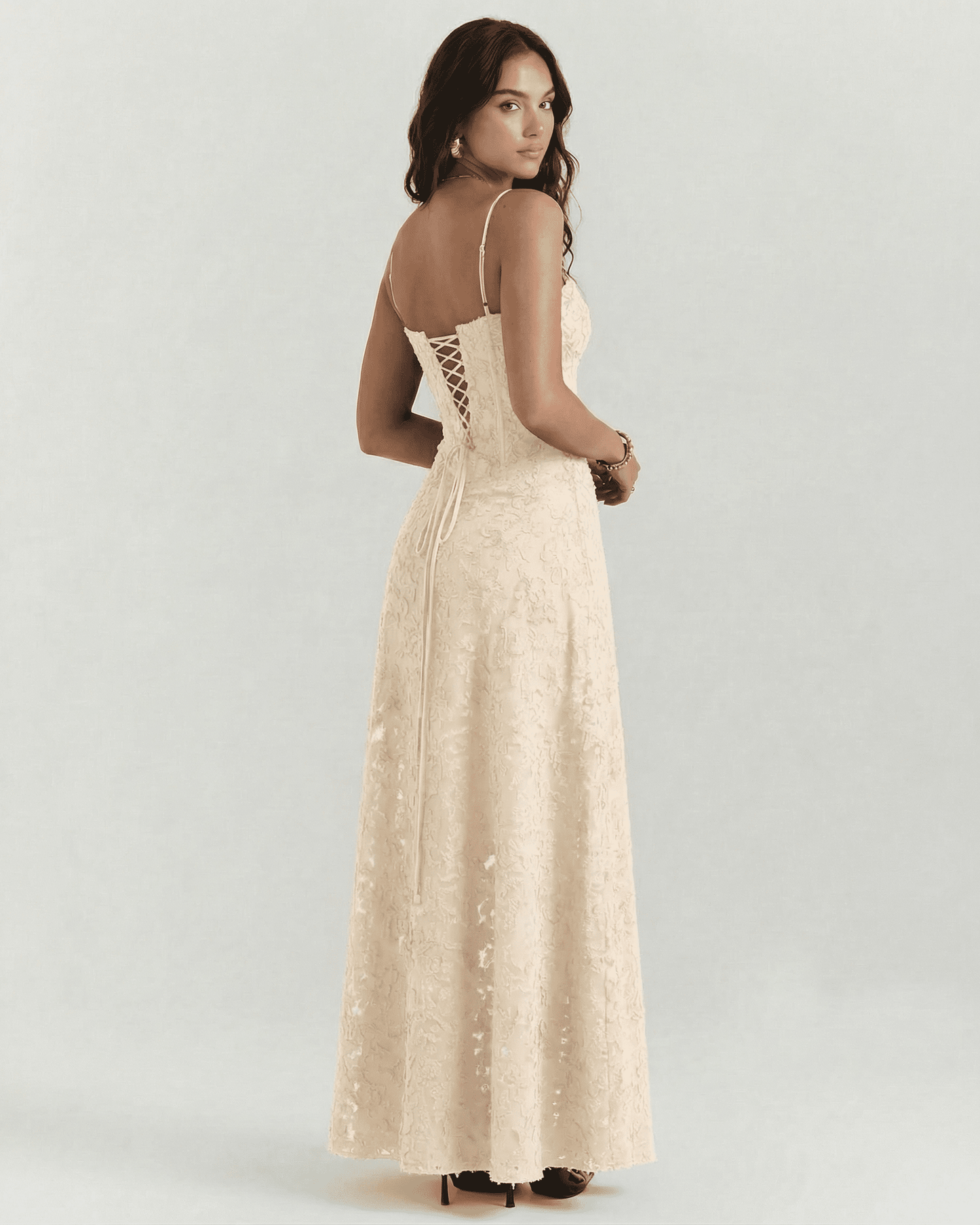 Alina Maxi Dress by Slimona, featuring elegant nude floral lace and a corset back design.