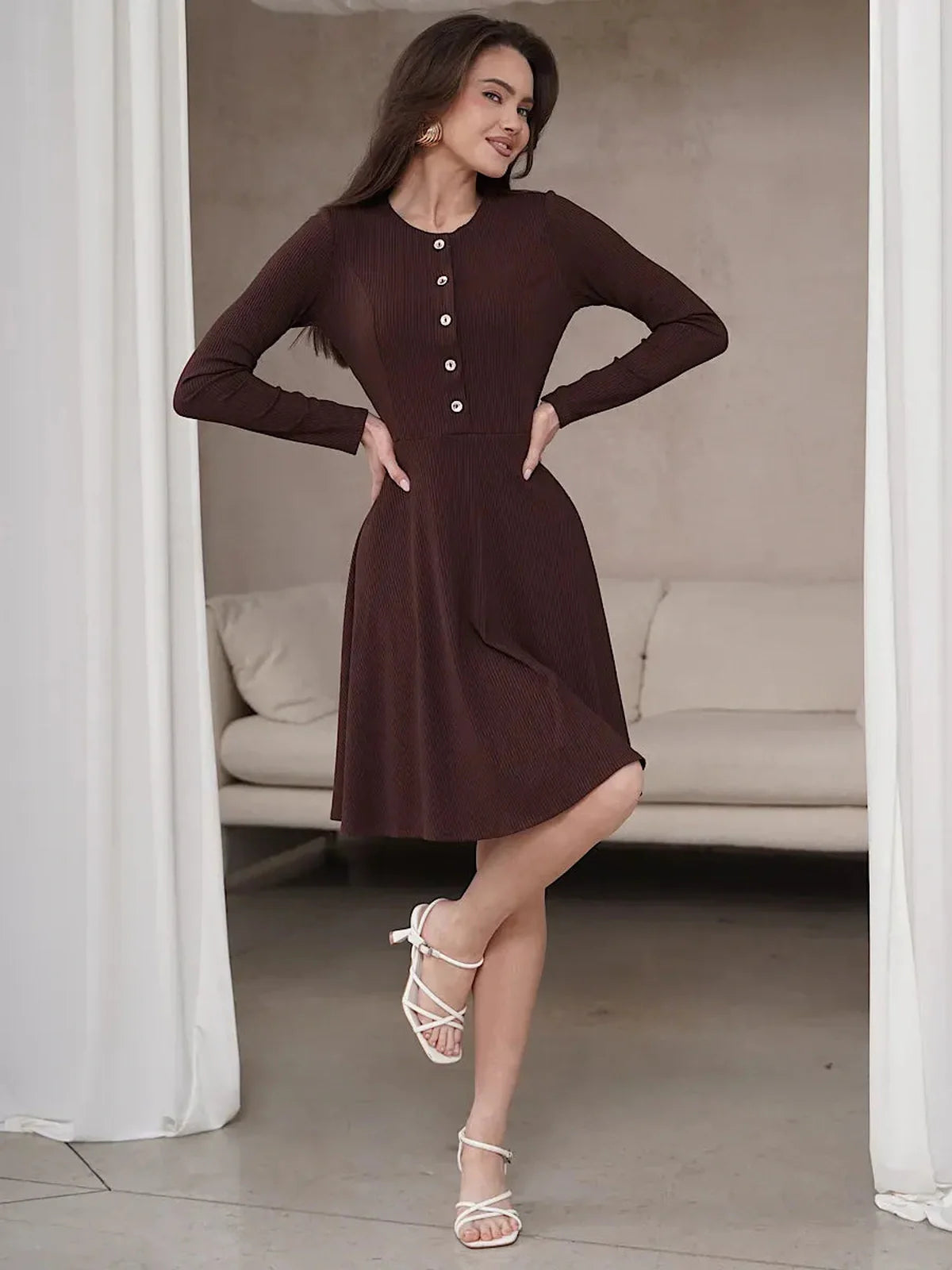 Elegant mocha mini dress with flared silhouette, perfect for weddings, parties, and stylish daytime events.
