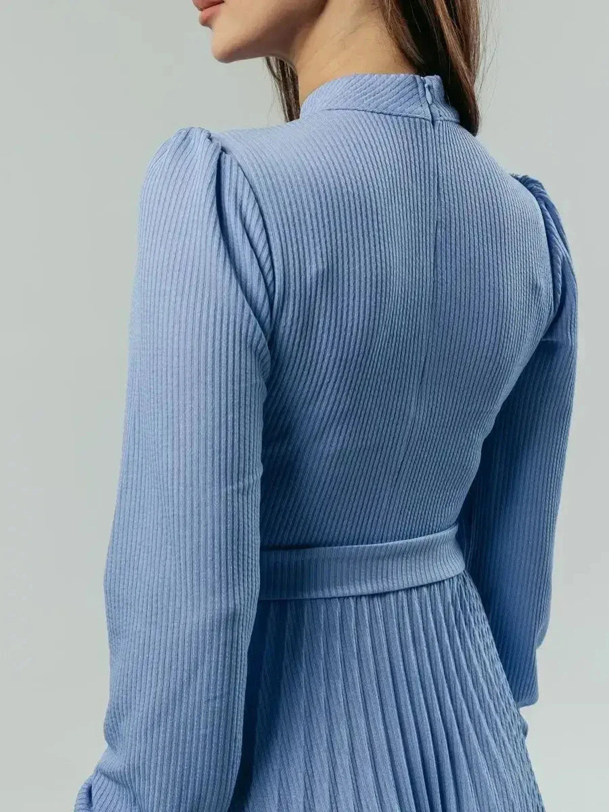 Back view of the Elegance Midi Dress in powder blue, showcasing pleated detail and long sleeves.