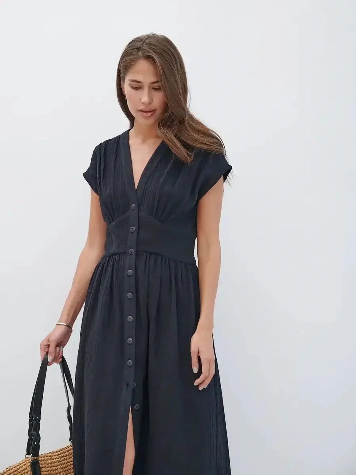 Sable Grace Midi Dress with V-neck and button details, perfect for weddings, casual events, and summer outings.