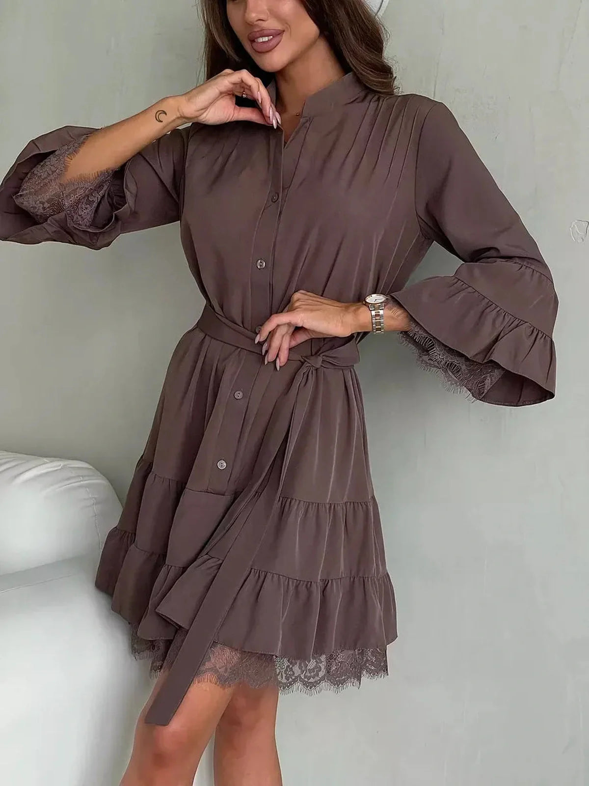 Chocolate brown lace trim mini dress with tiered ruffles and tie belt, perfect for summer or wedding guest occasions.