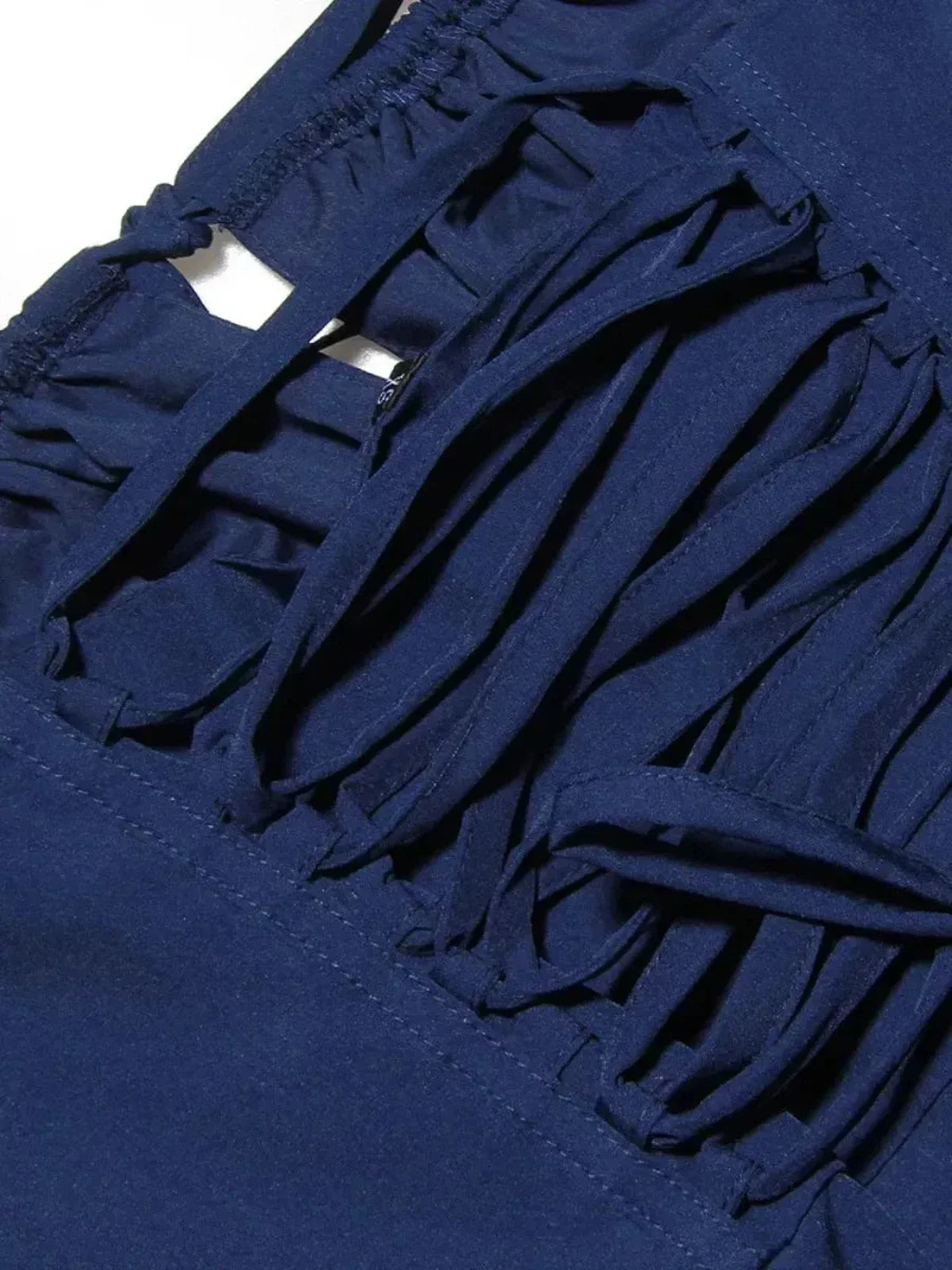 Close-up of the ruched bust detailing on the Twilight Corset Midi Dress in navy, showcasing its elegant texture.