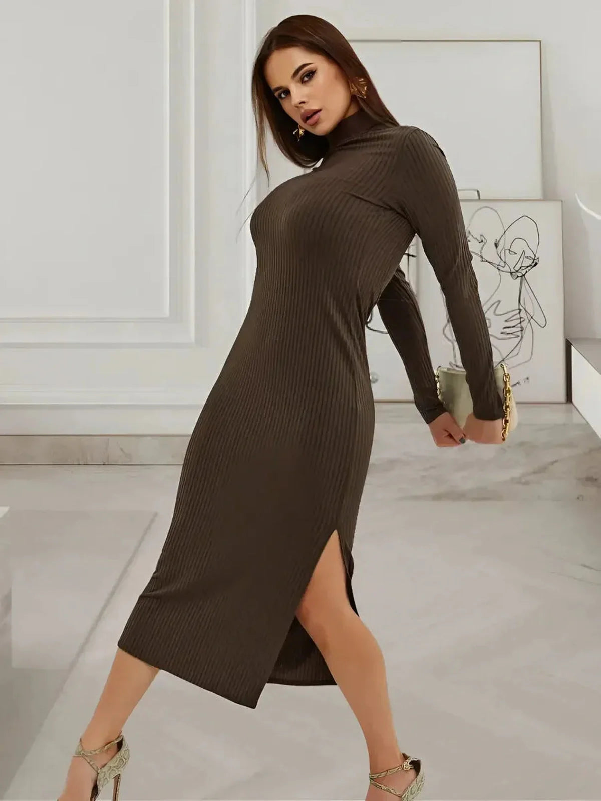 Elegant brown contour midi dress with ribbed knit, mock neck, and side slit, ideal for weddings or formal occasions.