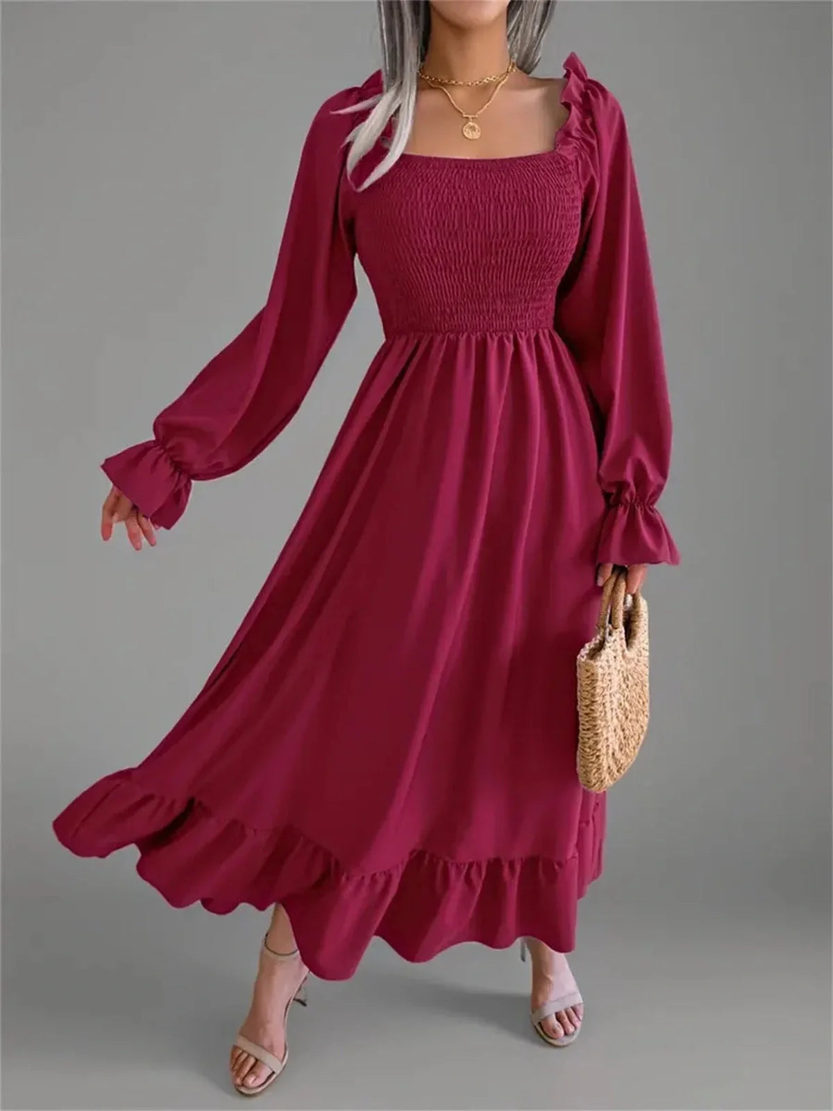 Velina Midi Dress in burgundy with square neckline and ruffled hemline, perfect for weddings and formal occasions.