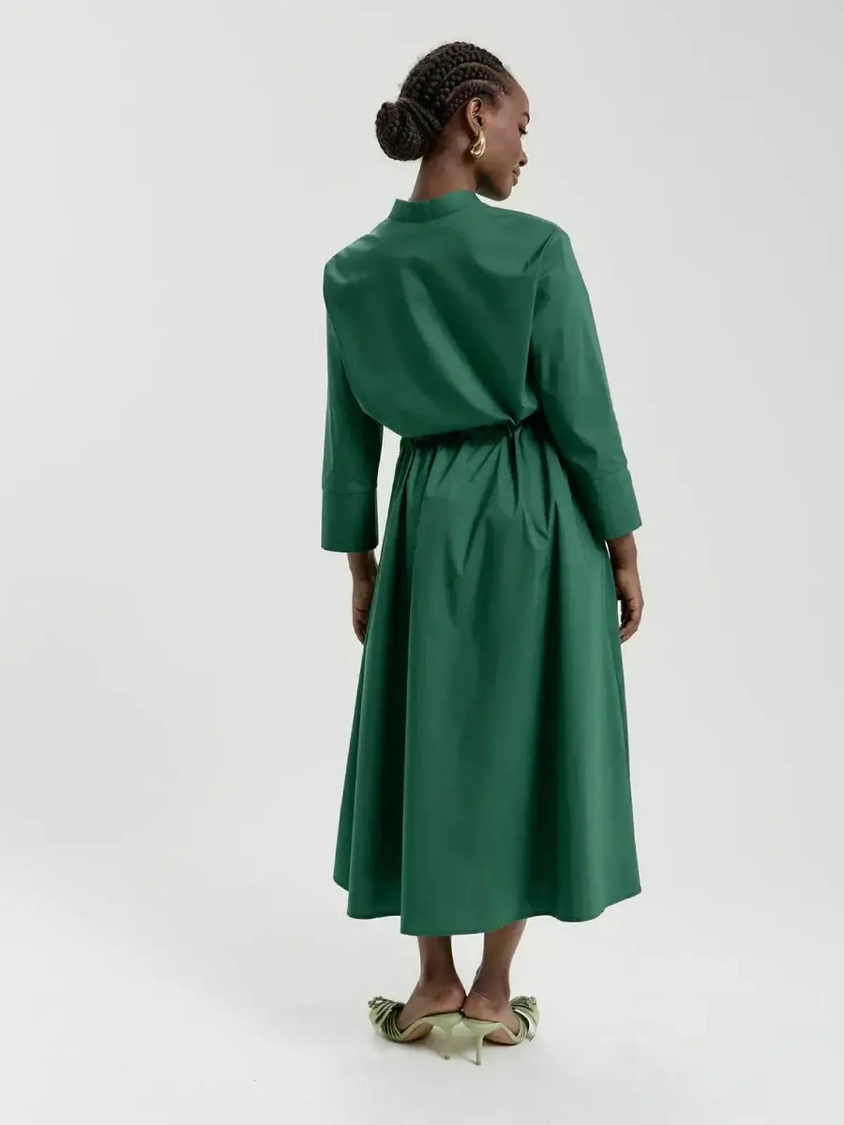 Emerald Ease Midi Dress in green, featuring a polished shirt style, cinched waist, and elegant silhouette.