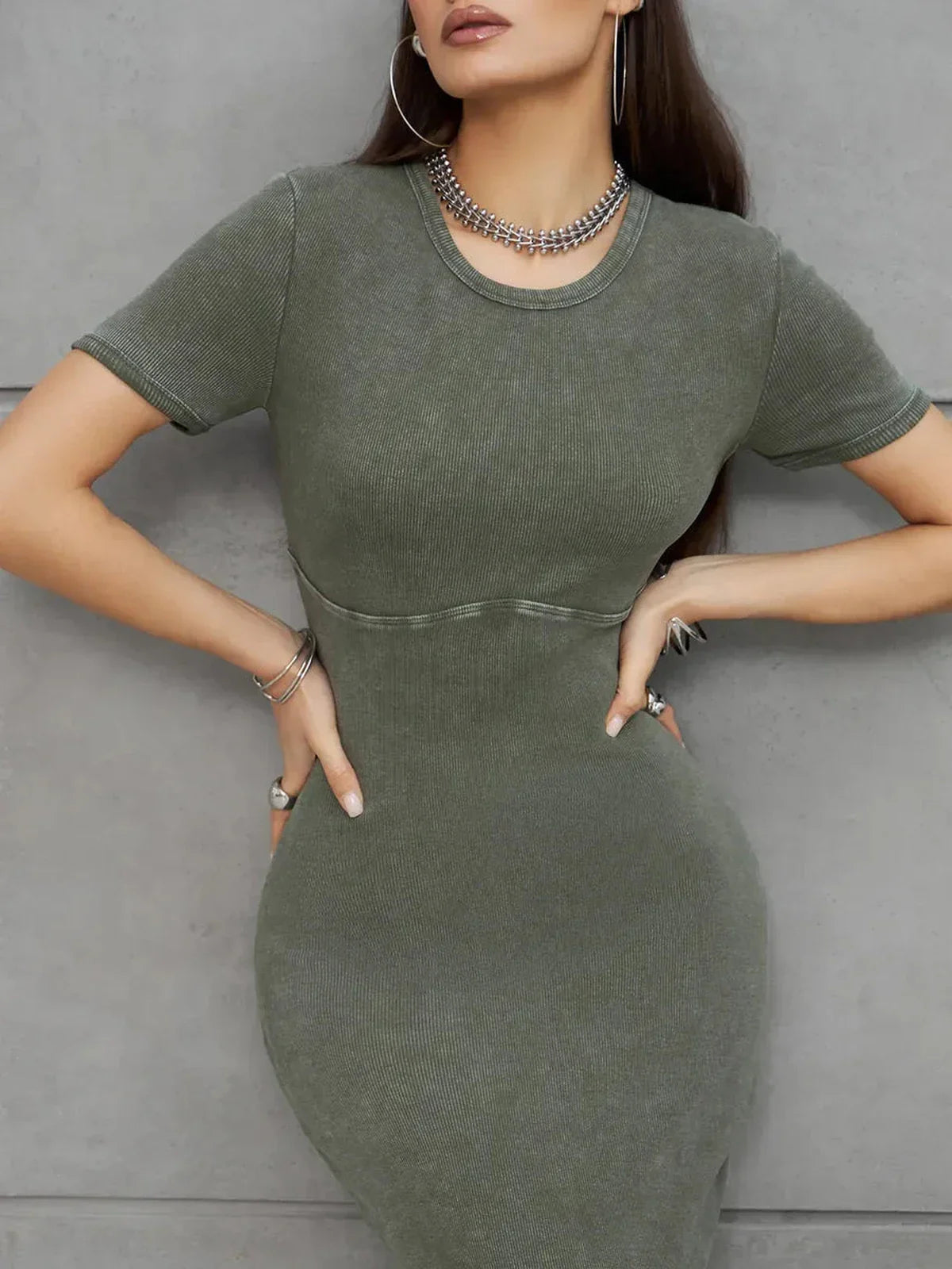 Olive Line Maxi Dress in khaki green ribbed cotton featuring a sculpted fit and short sleeves, perfect for summer occasions.