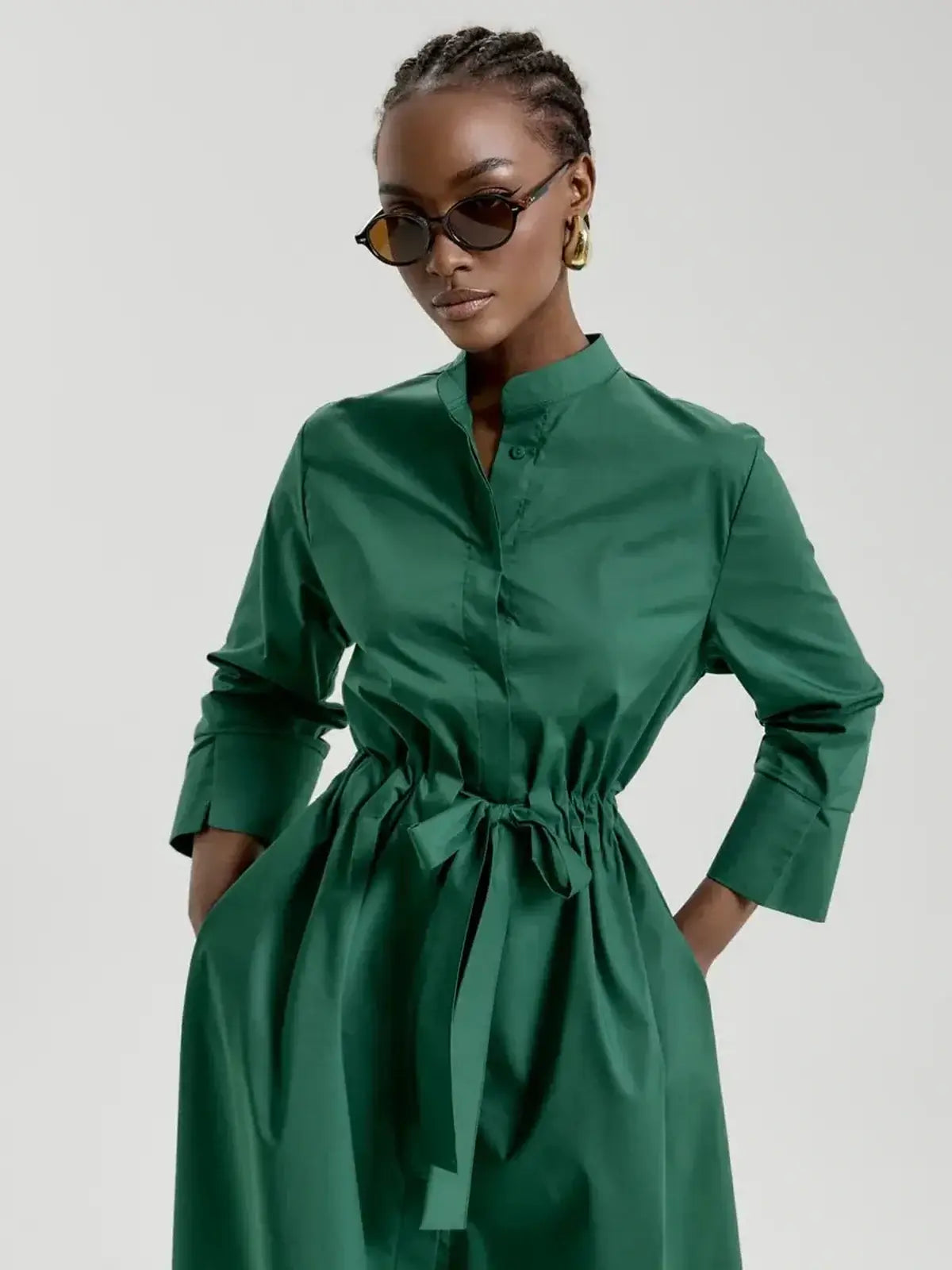 Emerald Ease Midi Dress featuring a polished shirt style with a cinched waist and self-tie belt, perfect for summer wedding guests.