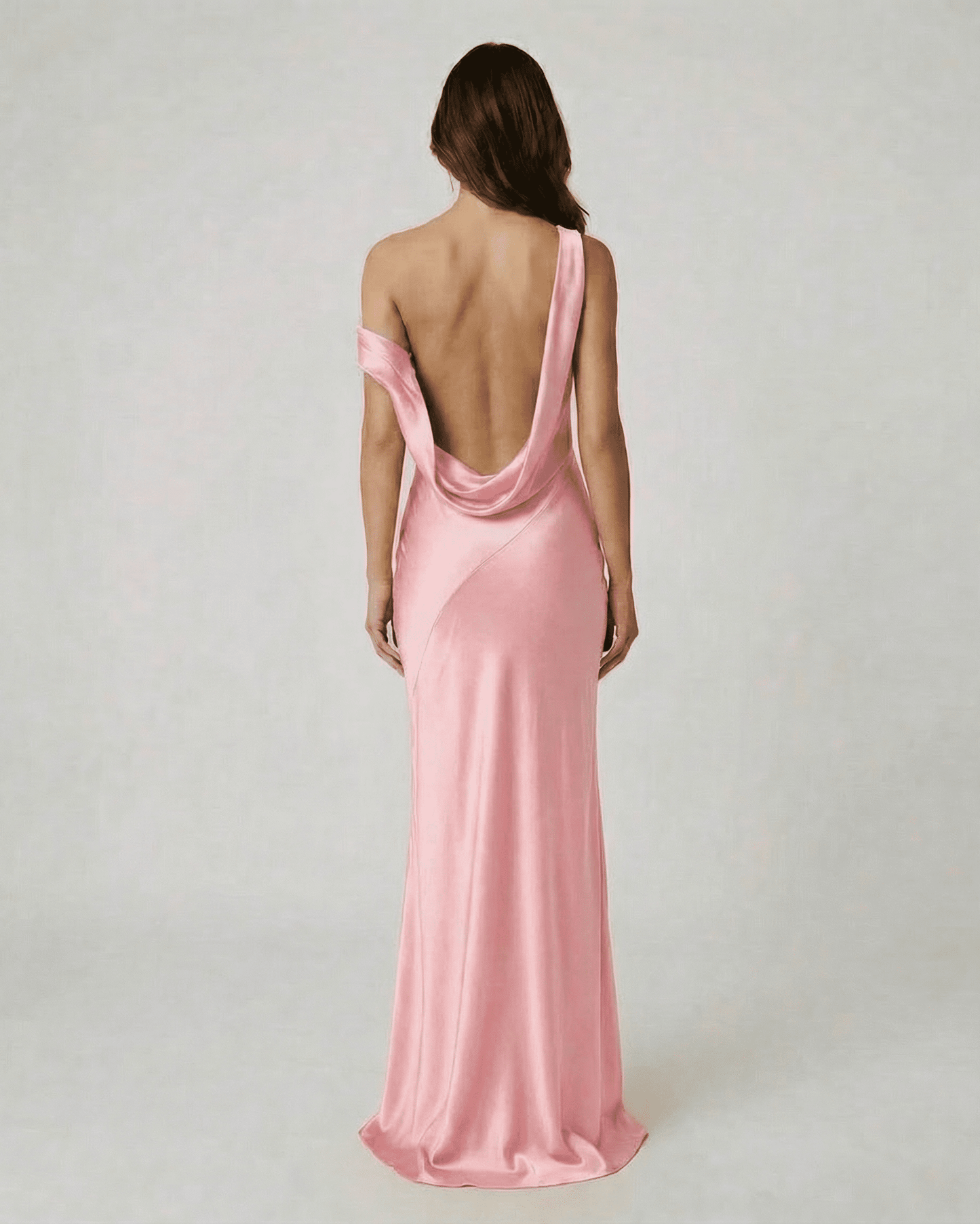 Rosalia Maxi Dress by Slimona, showcasing elegant open back design in soft pink satin-effect fabric.