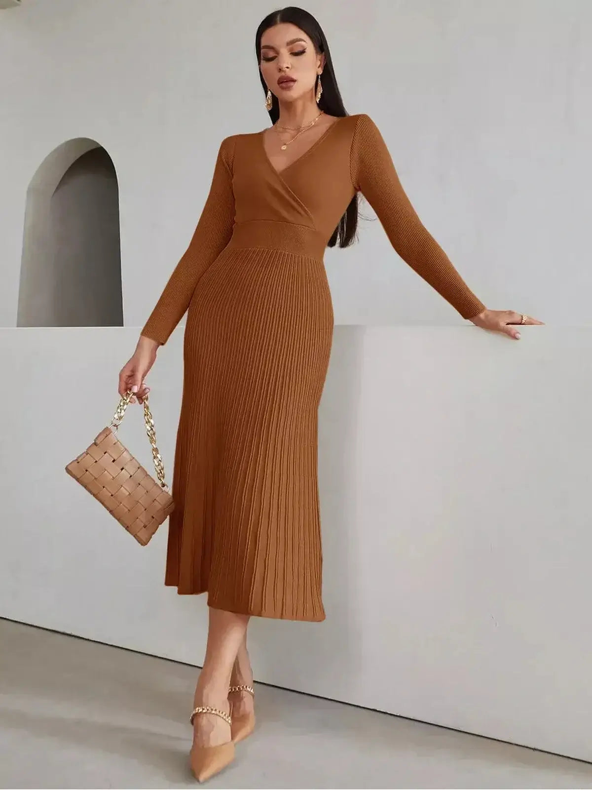 Sculpted Elegance Midi Dress in warm brown rib texture, perfect for weddings, parties, or casual outings. Elegant women's fashion.