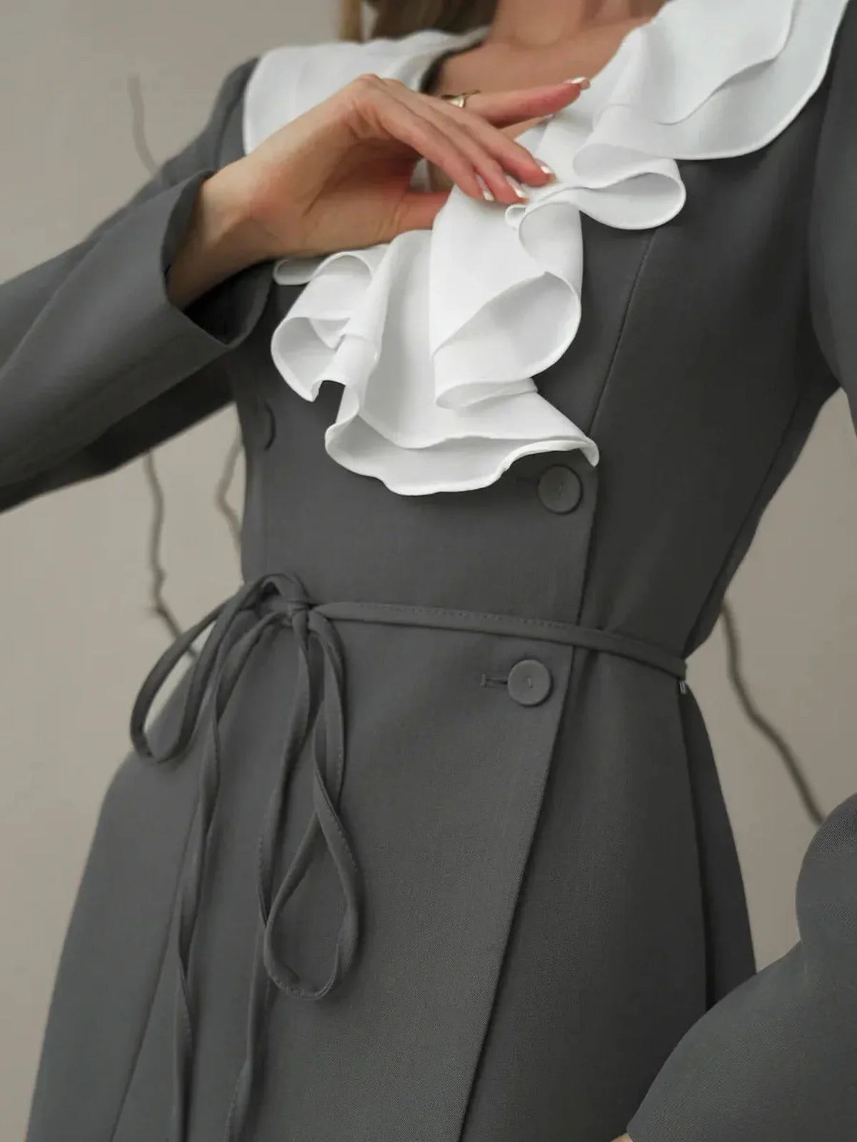 Contrast Ruffle Wrap mini dress with white ruffle collar and tie waist, ideal for weddings, proms, and formal occasions.