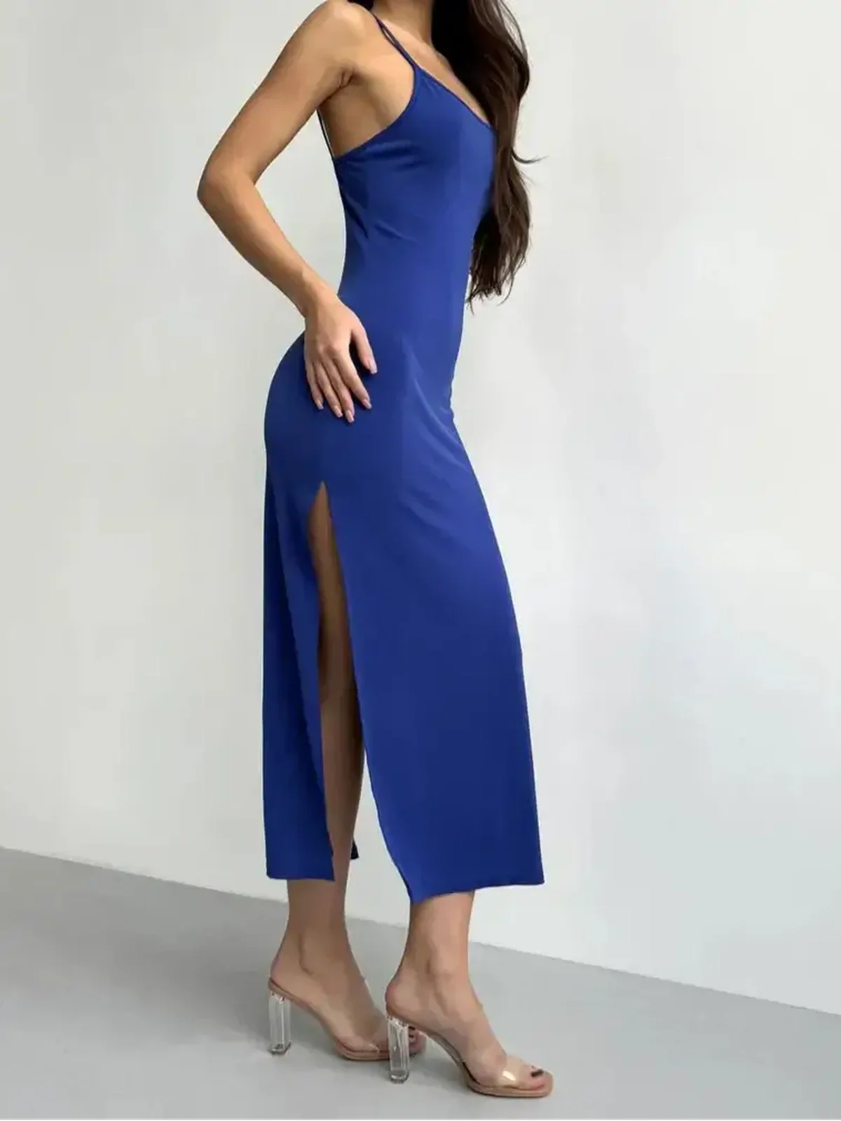Electric Edge Midi Dress in bold blue with side slit, perfect for weddings, proms, and summer events.