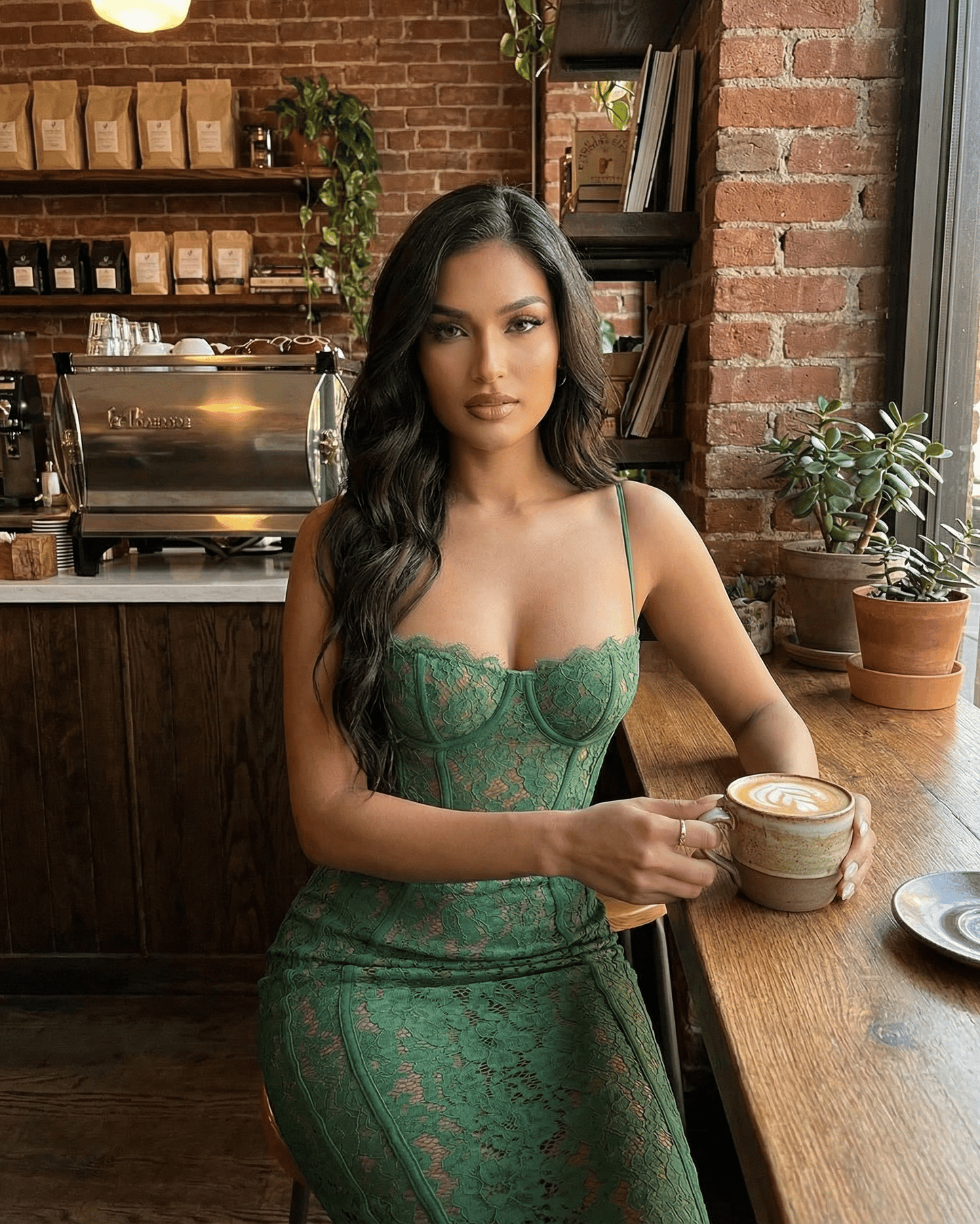 Siena Midi Dress by Slimona, elegant lace sheath in green, worn in a cozy café setting.