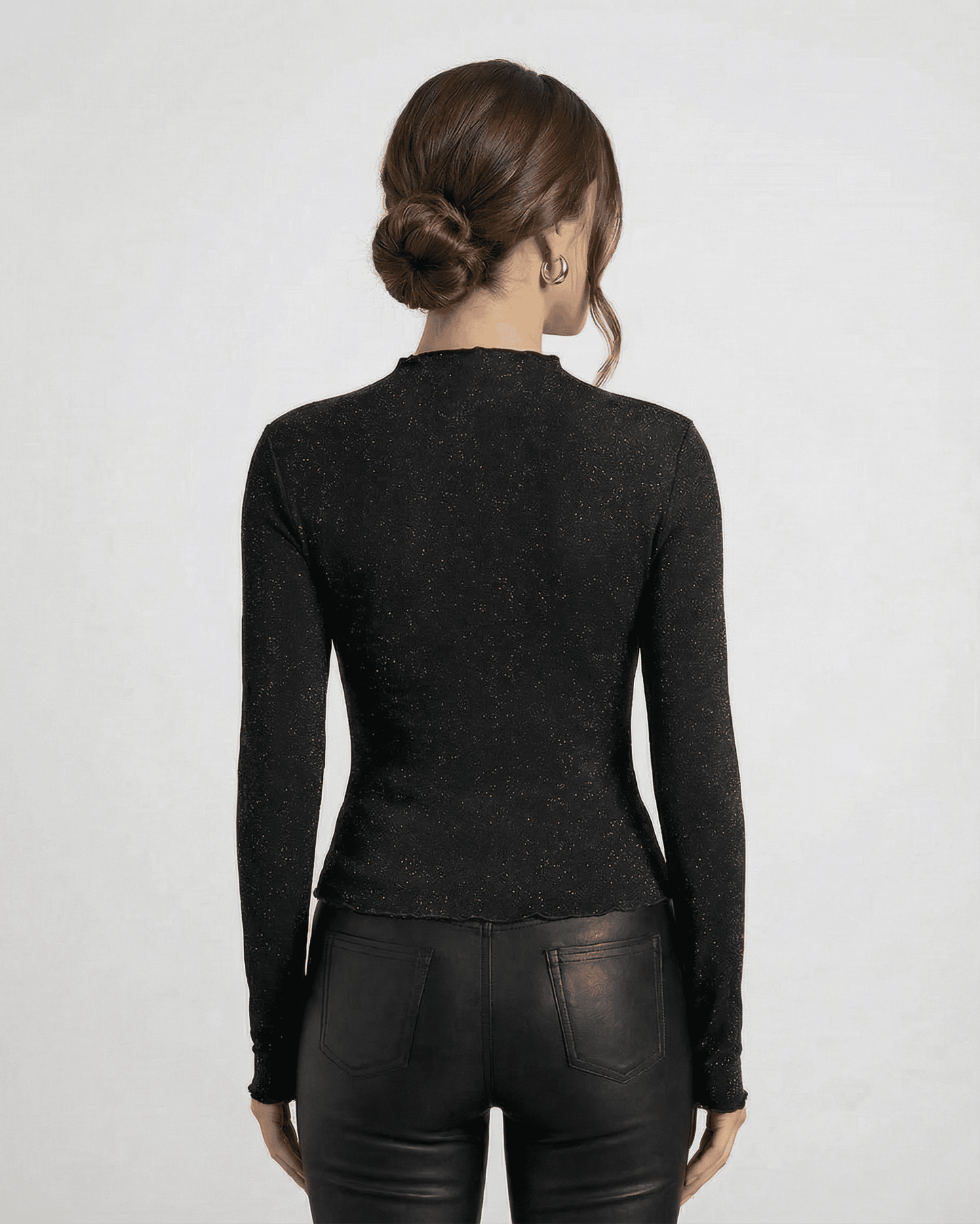 Onyx Blouse by Slimona - Back view of long sleeve sequin blouse with round neck in black.