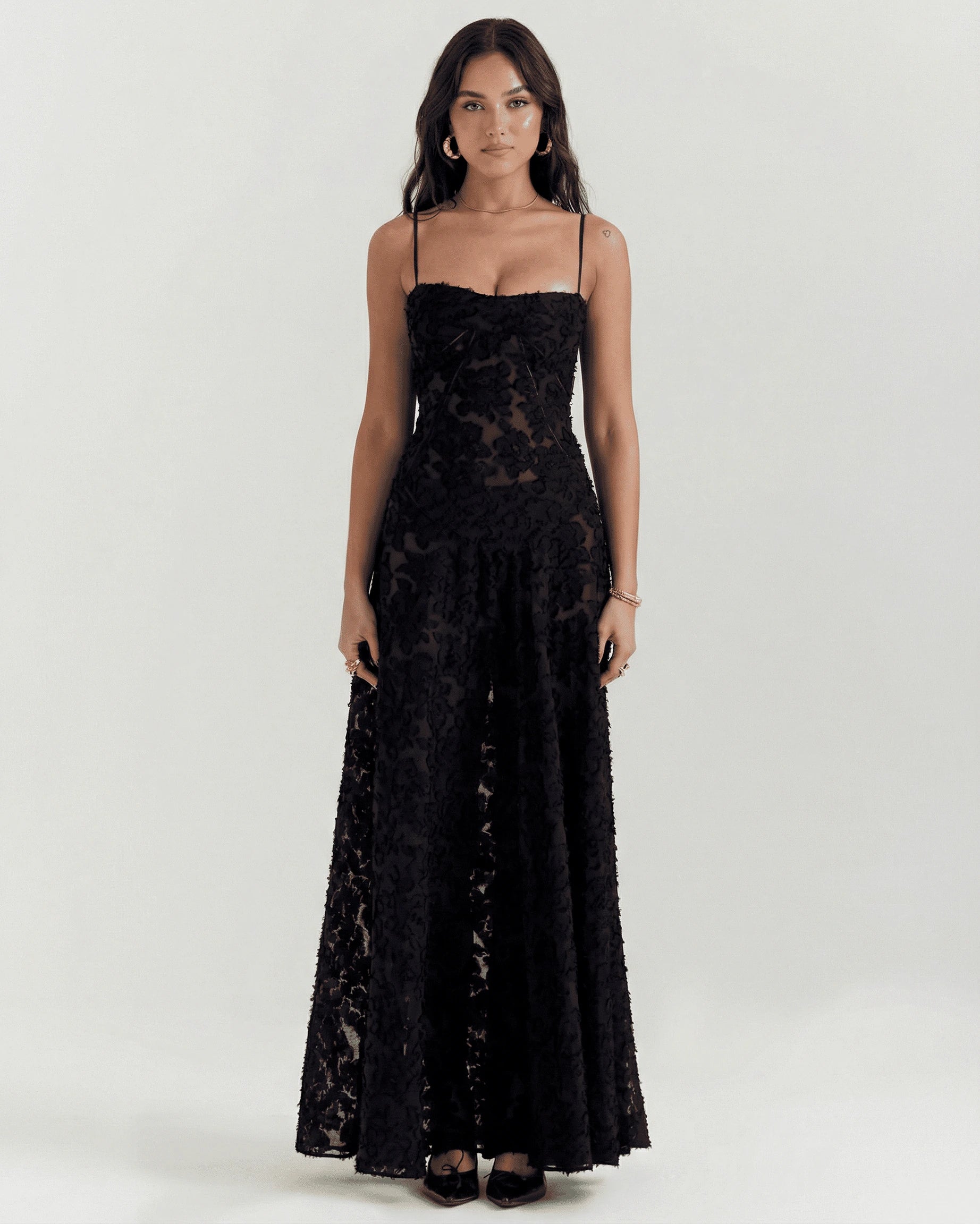 Nerina Maxi Dress – Black Lace V Neck maxi dress, front view by Slimona