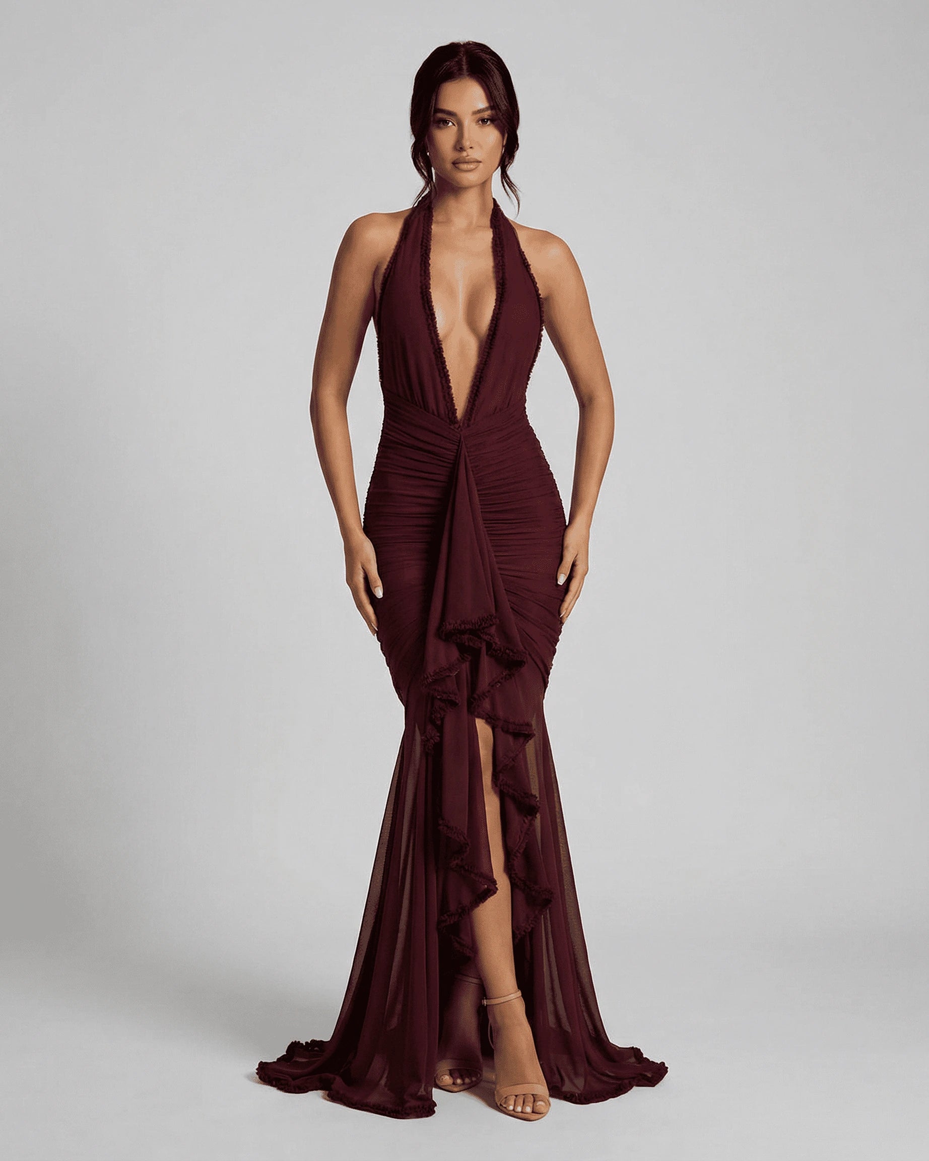 Bordeaux Maxi Dress – Burgundy V Neck maxi dress, front view by Slimona