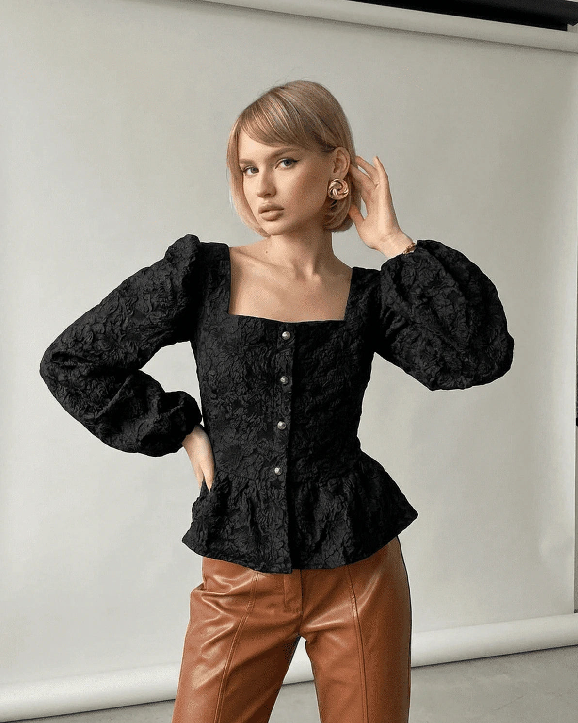 Noir Corset Top – Black Jacquard Square Neck blouse, front view by Slimona