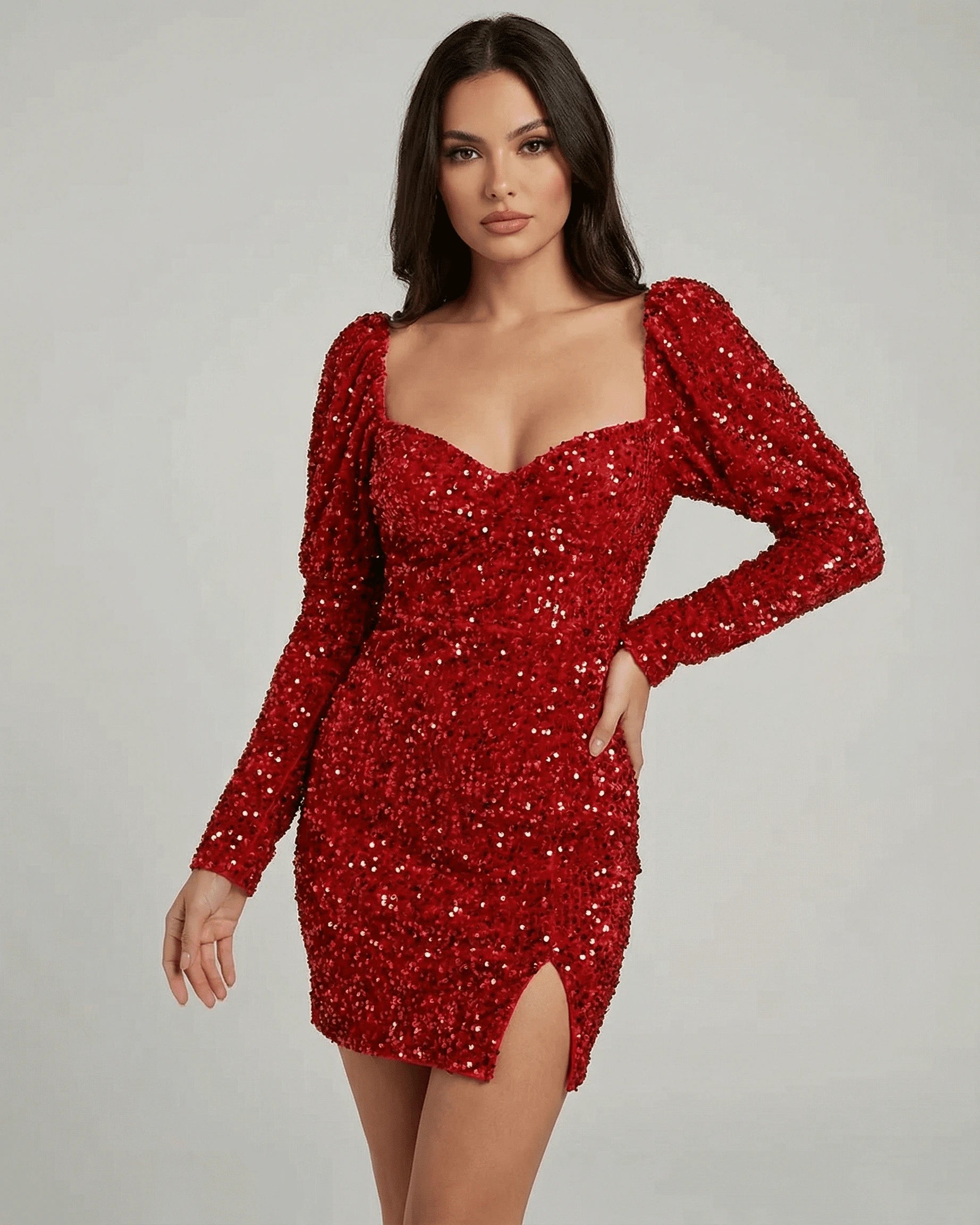 Bretagne Mini Dress – Red Sequin V Neck mini dress, front view by Slimona