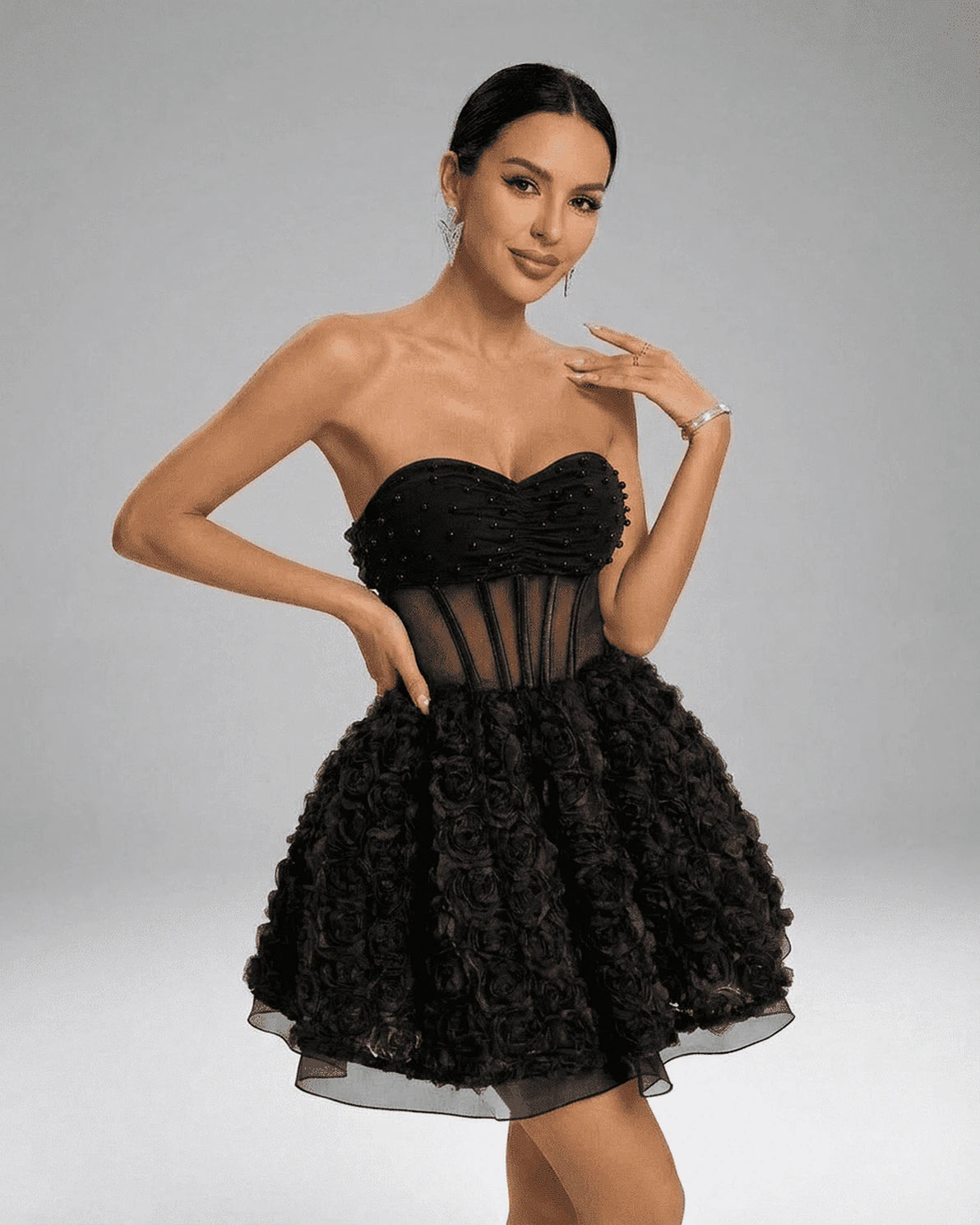 Simone Mini Dress – Black Mesh Strapless mini dress, front view by Slimona