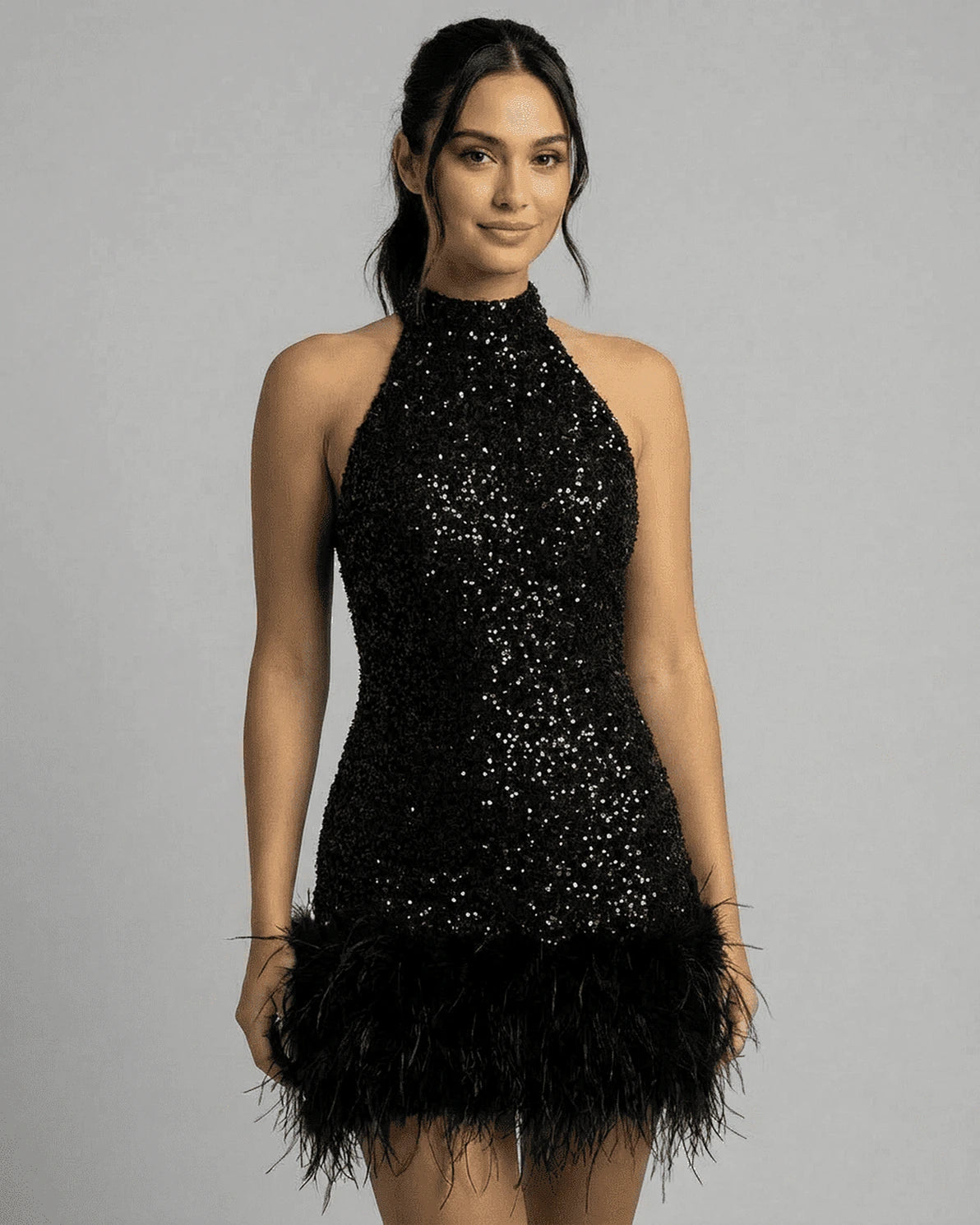 Lusitania Mini Dress – Black Sequin Halter mini dress, front view by Slimona