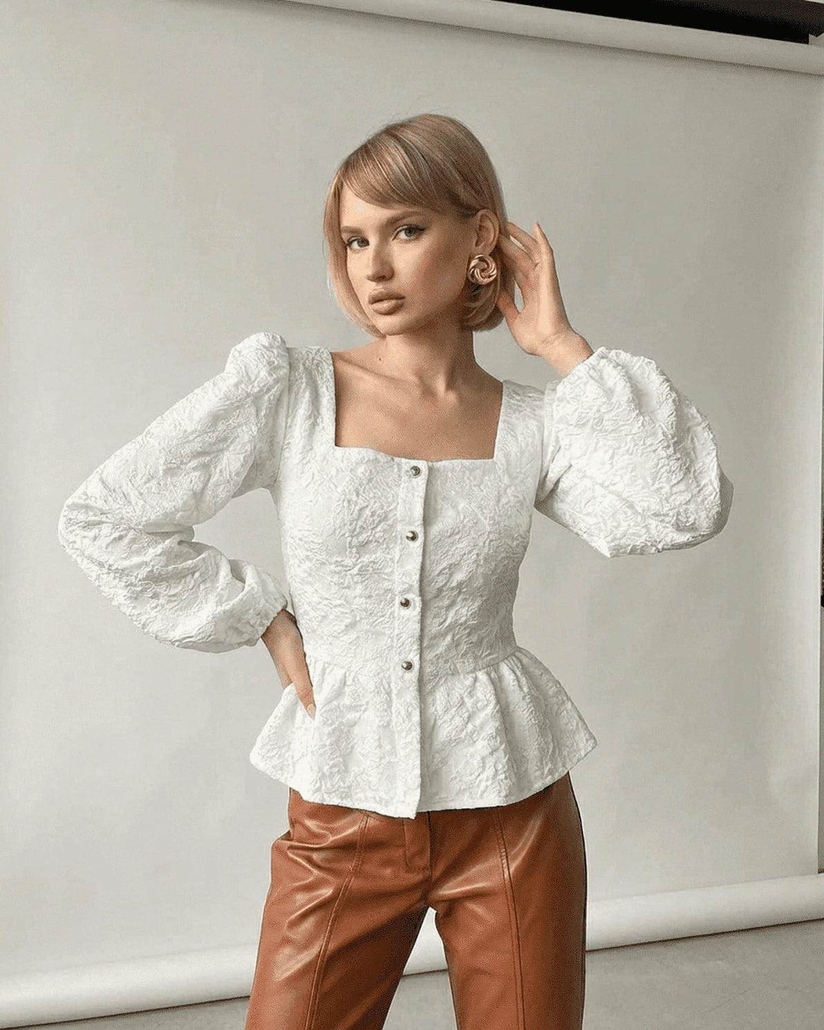 Ivory Corset Top – White Jacquard Square Neck blouse, front view by Slimona