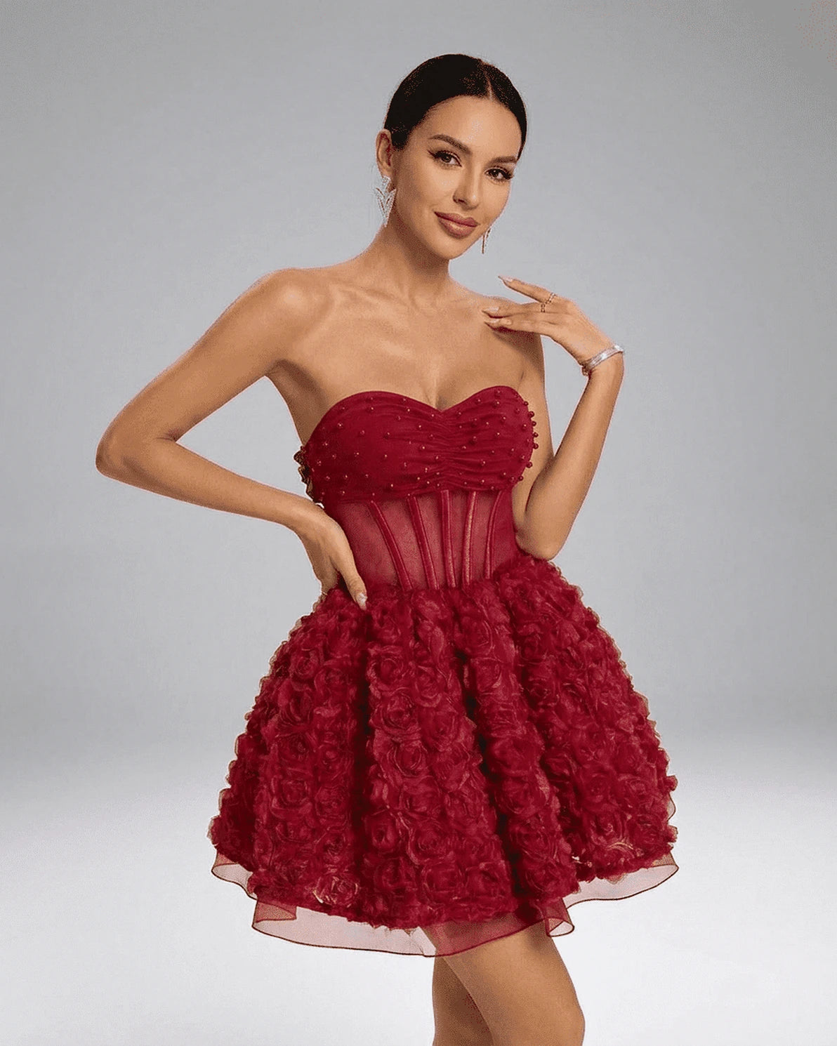 Talia Mini Dress – Red Mesh Strapless mini dress, front view by Slimona
