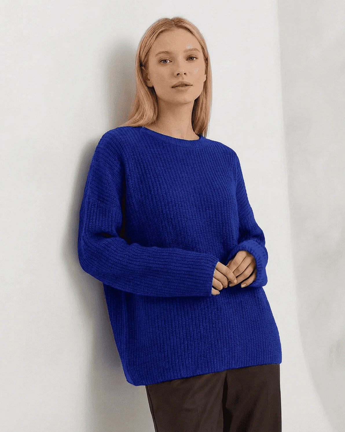 Indira Sweater – Blue Ribbed sweater, front view by Slimona