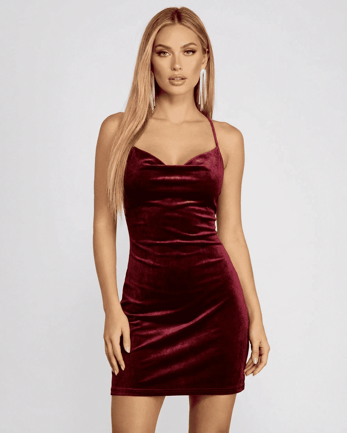 Espana Mini Dress – Wine Velvet mini dress, front view by Slimona