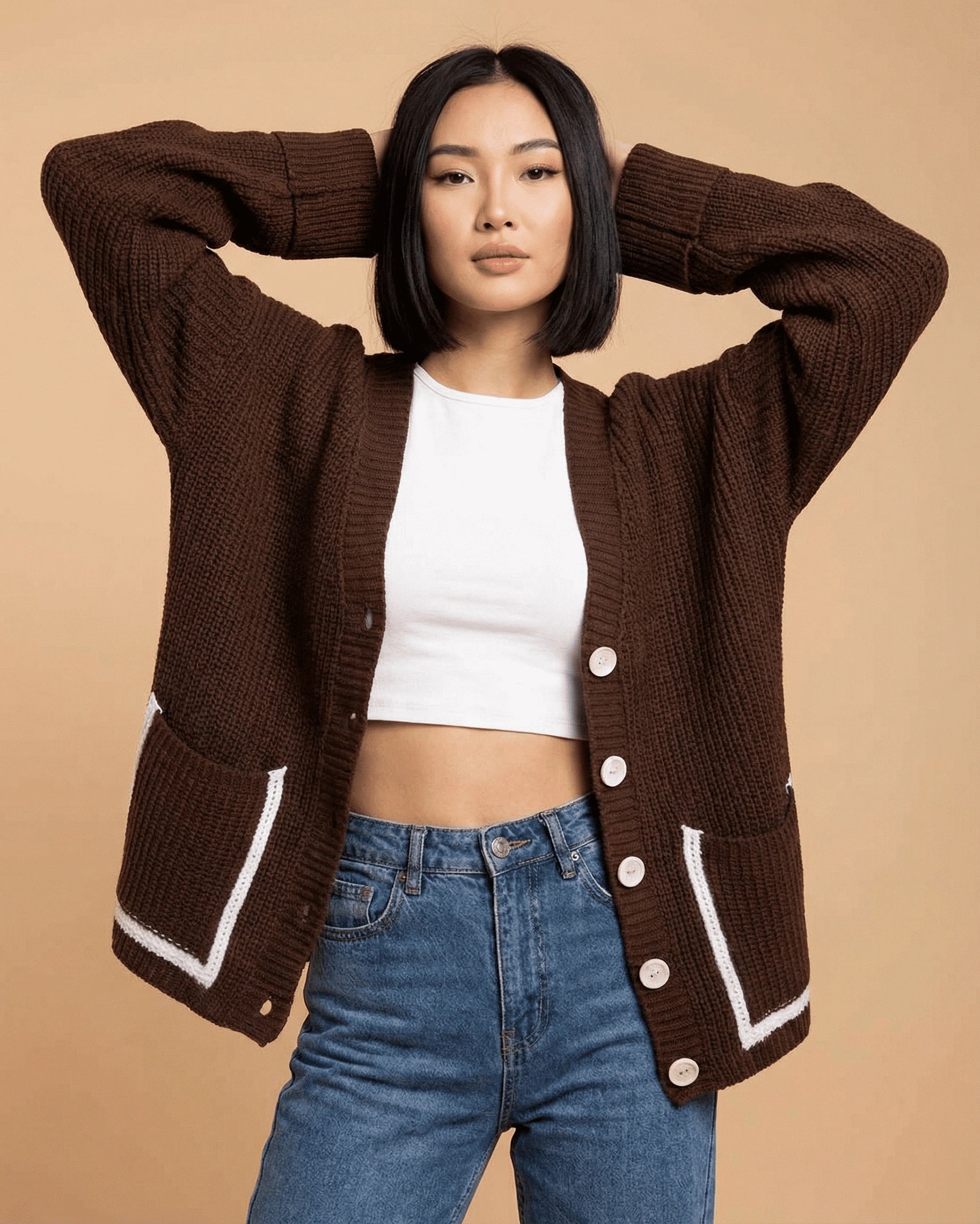 Vianne Cardigan – Red Cotton cardigan, front view by Slimona