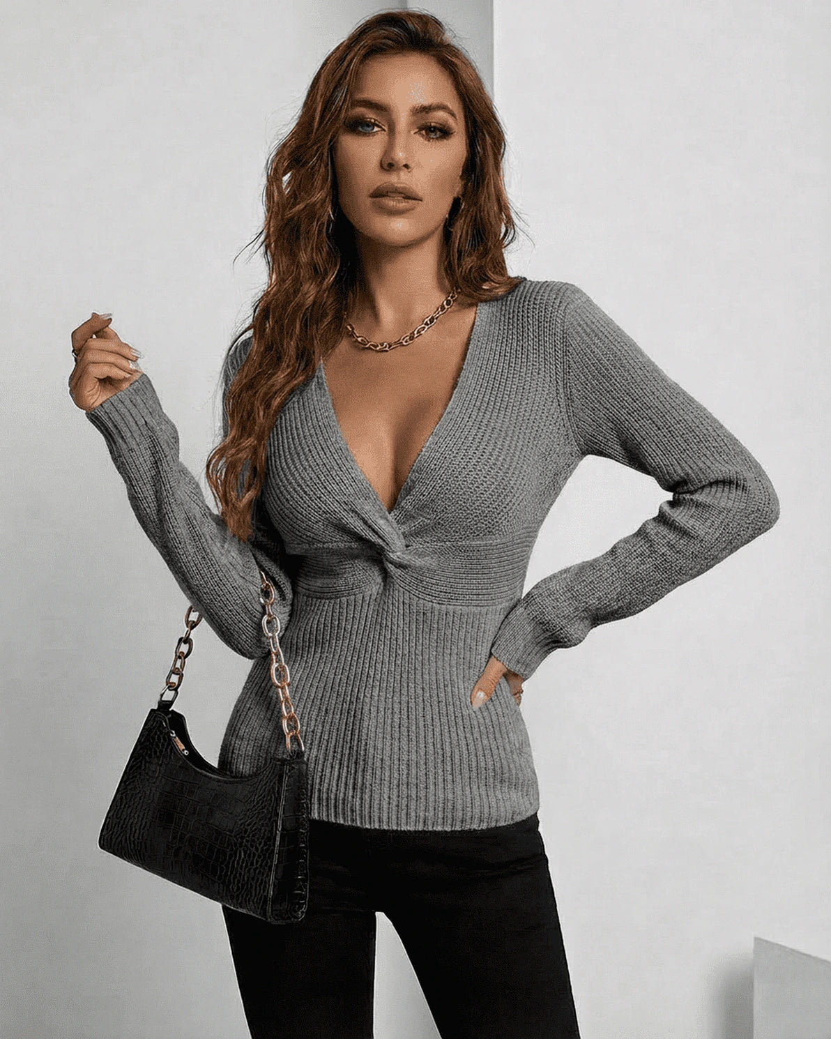 Nerina Pullover – Grey Ribbed pullover, front view by Slimona