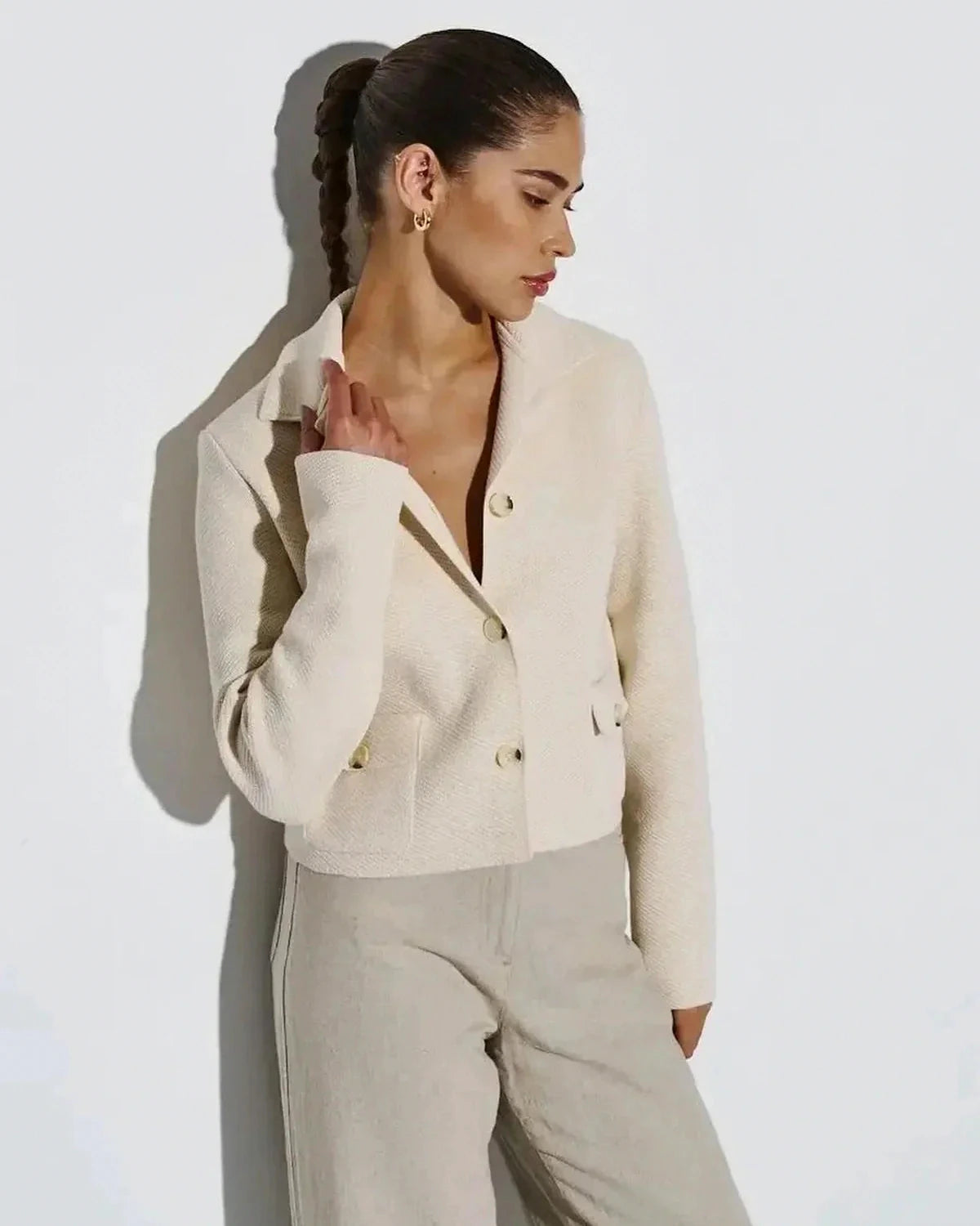 Lazio Cropped Jacket – Cream Cotton jacket, front view by Slimona