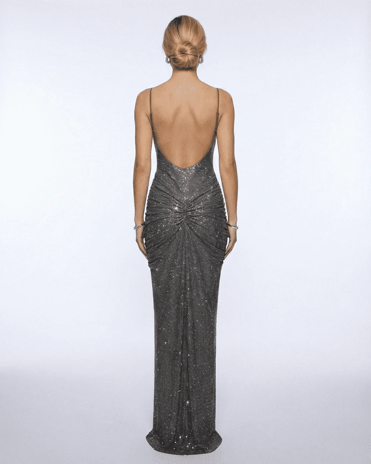 Lyra Maxi Dress – Metallic Sequin Round Neck maxi dress, side view by Slimona