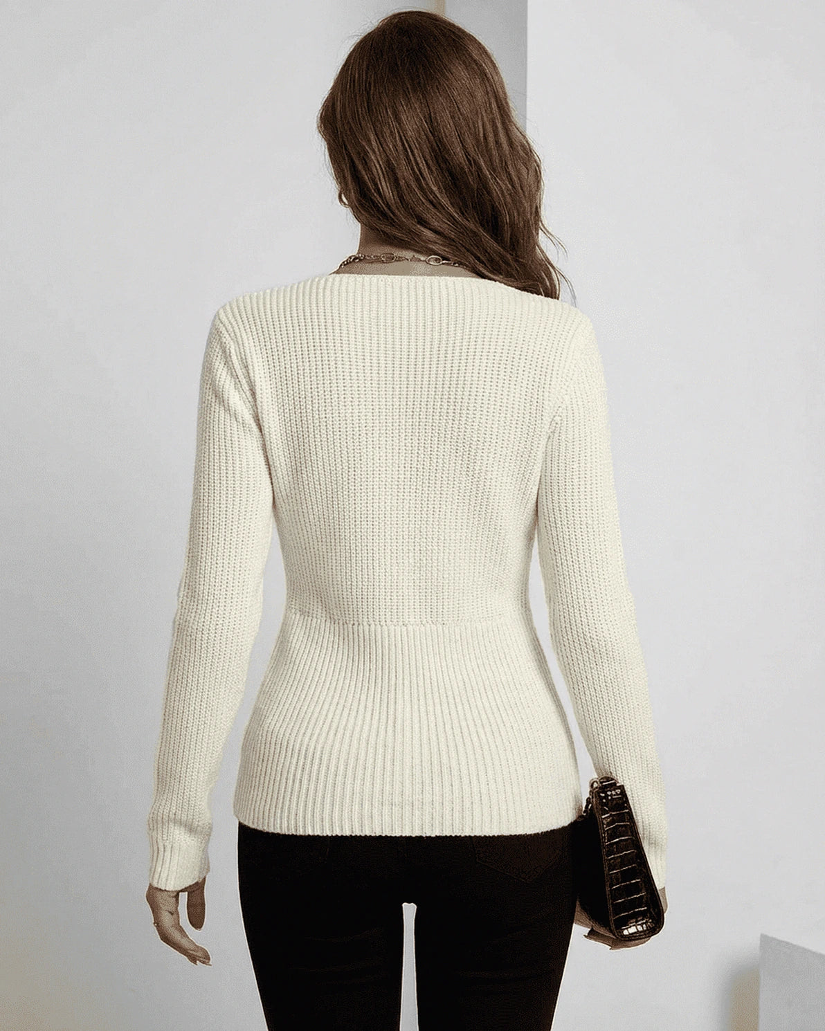 Celeste Pullover – Ivory Ribbed pullover, side view by Slimona