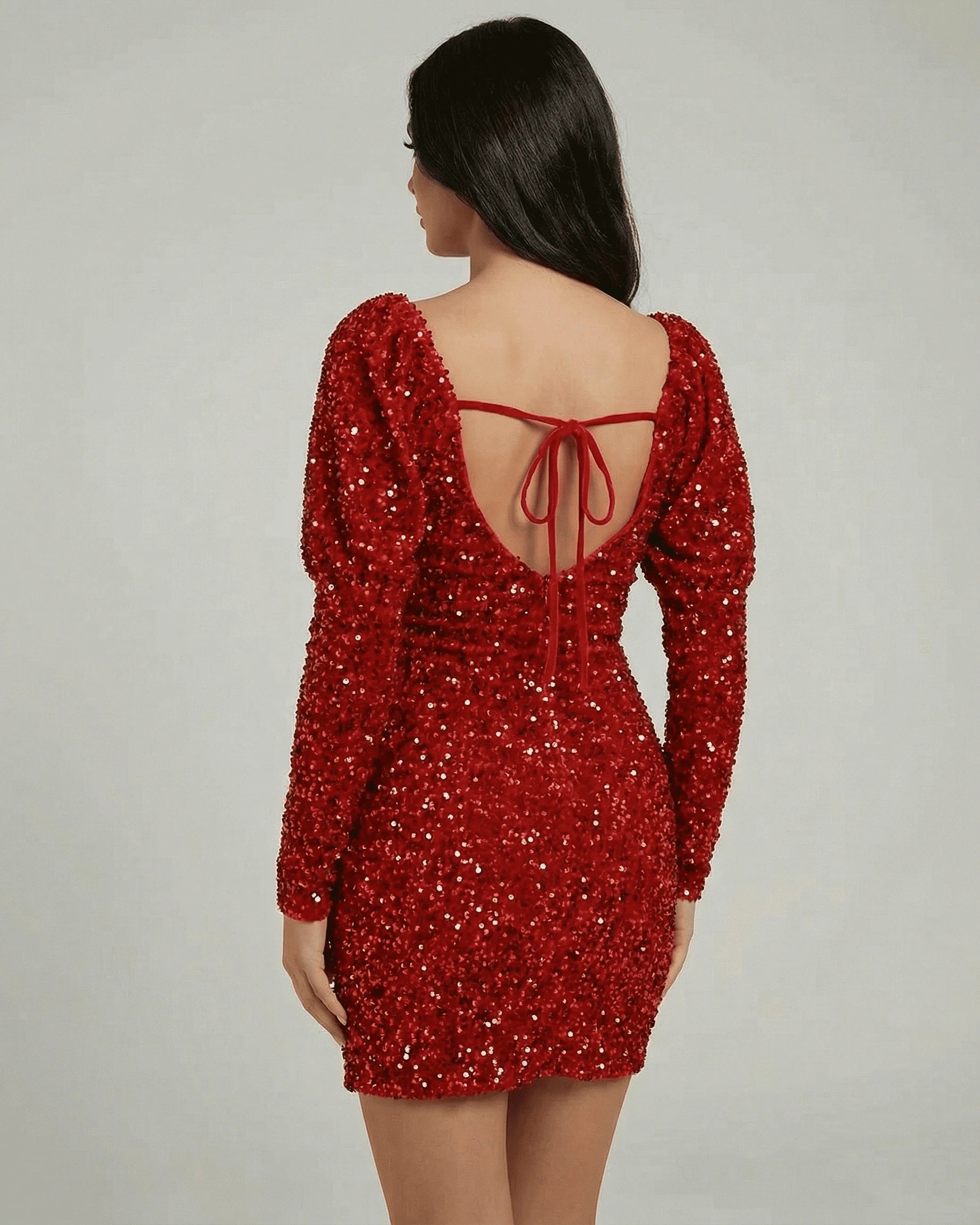 Bretagne Mini Dress – Red Sequin V Neck mini dress, side view by Slimona