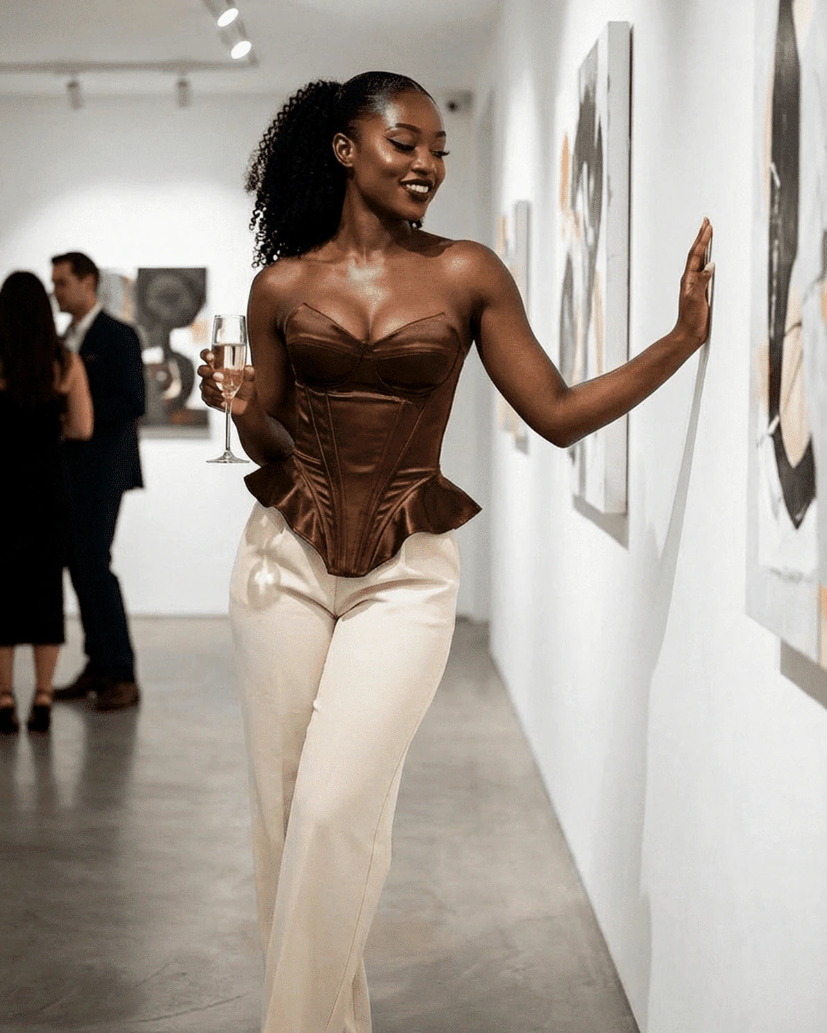 Sienna Corset Top – Brown Satin Strapless corset top, side view by Slimona