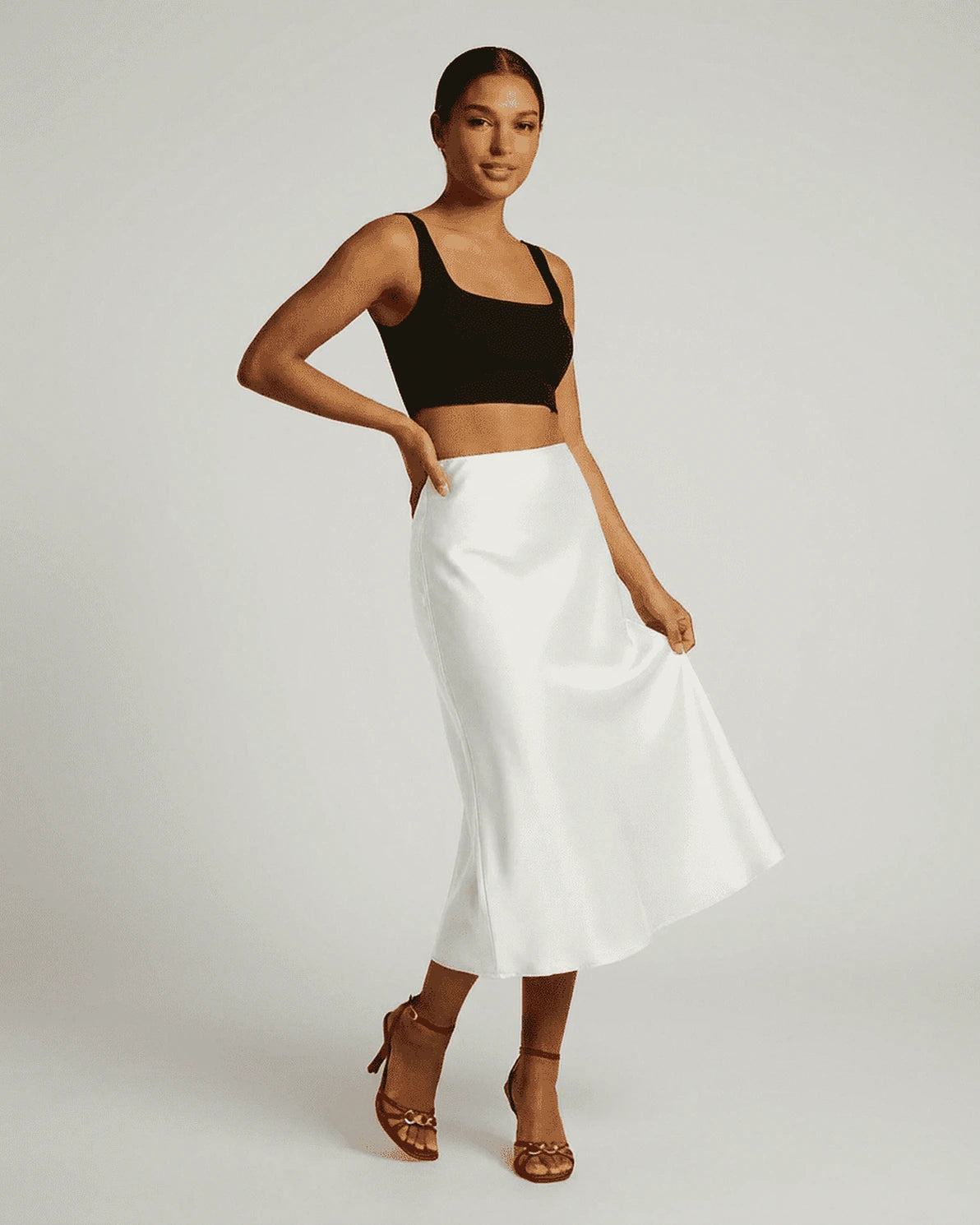 Luna Midi Skirt – White Satin midi skirt, side view by Slimona