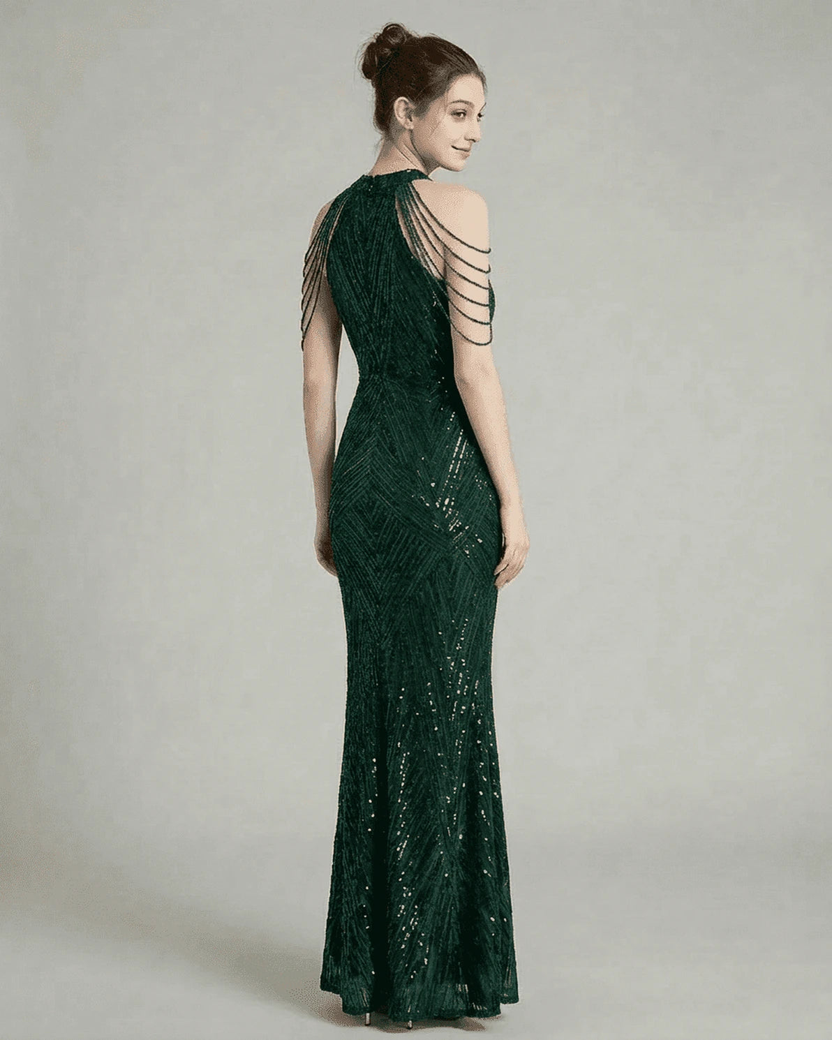 Emerald Maxi Dress – Emerald Velvet Halter maxi dress, side view by Slimona