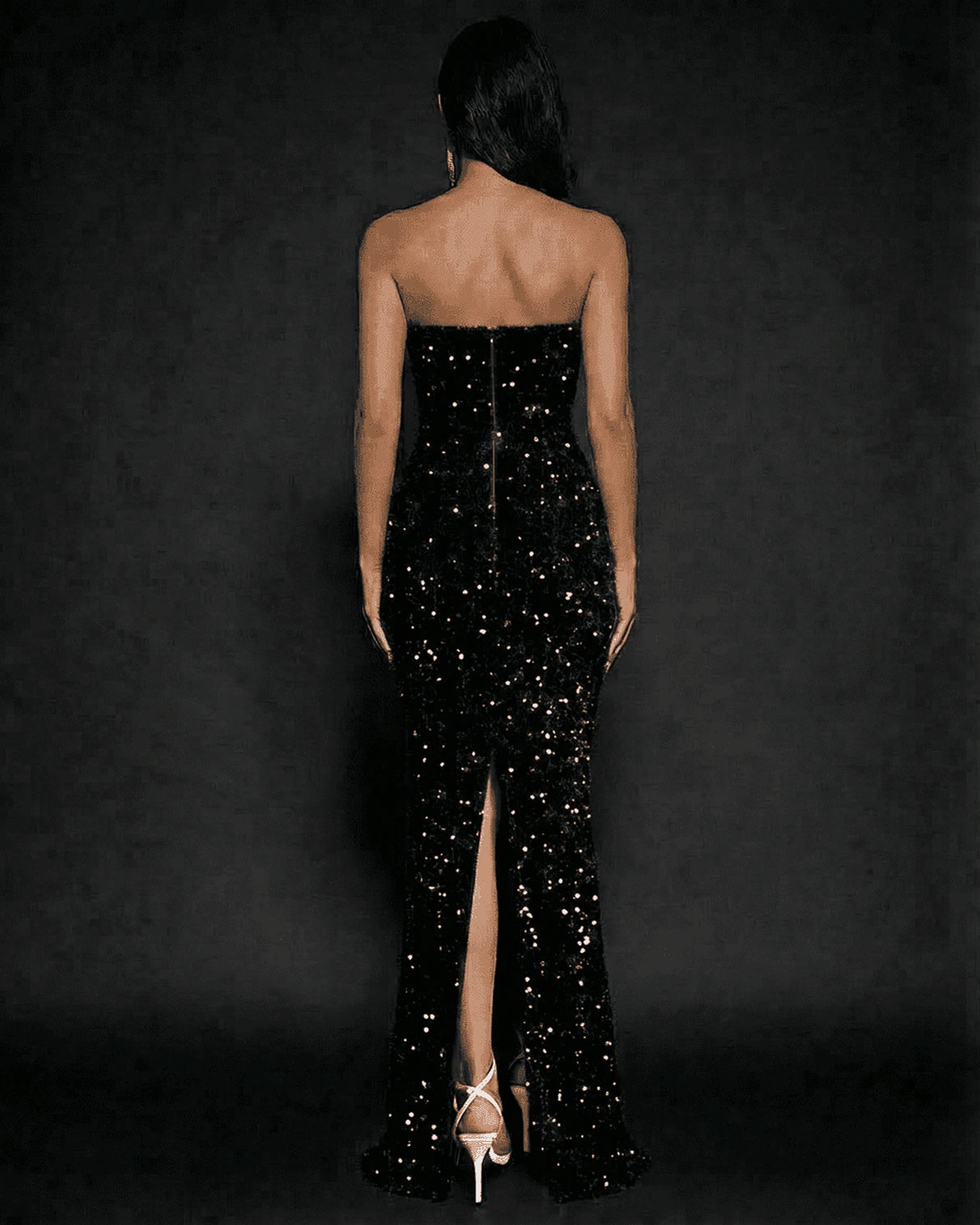 Una Maxi Dress – Black Sequin Strapless maxi dress, side view by Slimona
