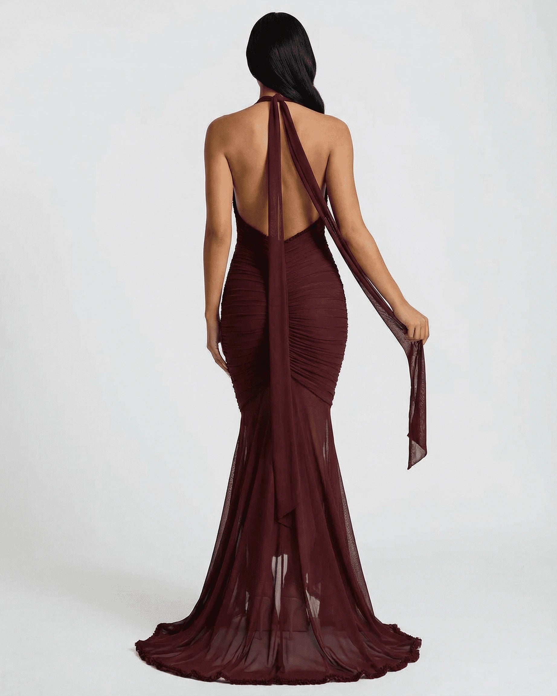 Bordeaux Maxi Dress – Burgundy V Neck maxi dress, side view by Slimona