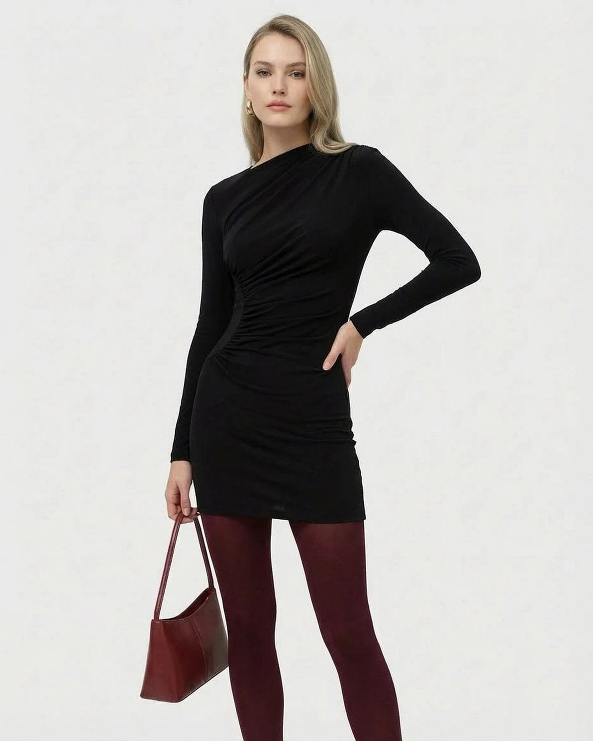 Noiré Mini Dress – Black Round Neck mini dress, side view by Slimona