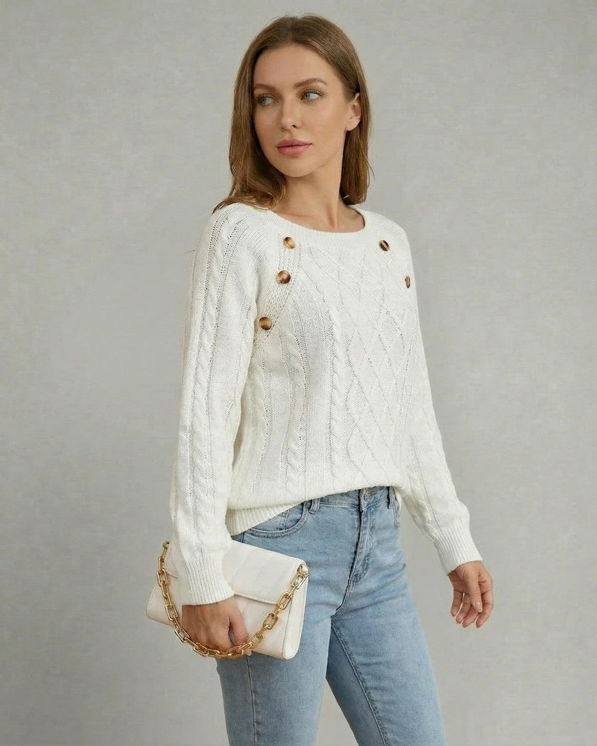 Luna Pullover – Silver Knit pullover, side view by Slimona
