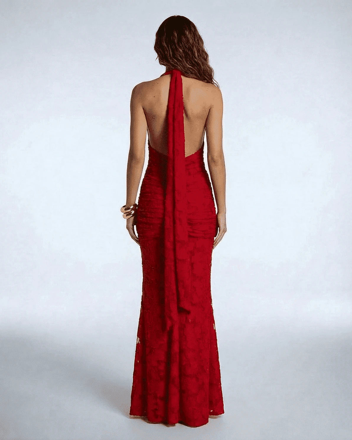 Seraphina Maxi Dress – Red Jacquard V Neck maxi dress, side view by Slimona