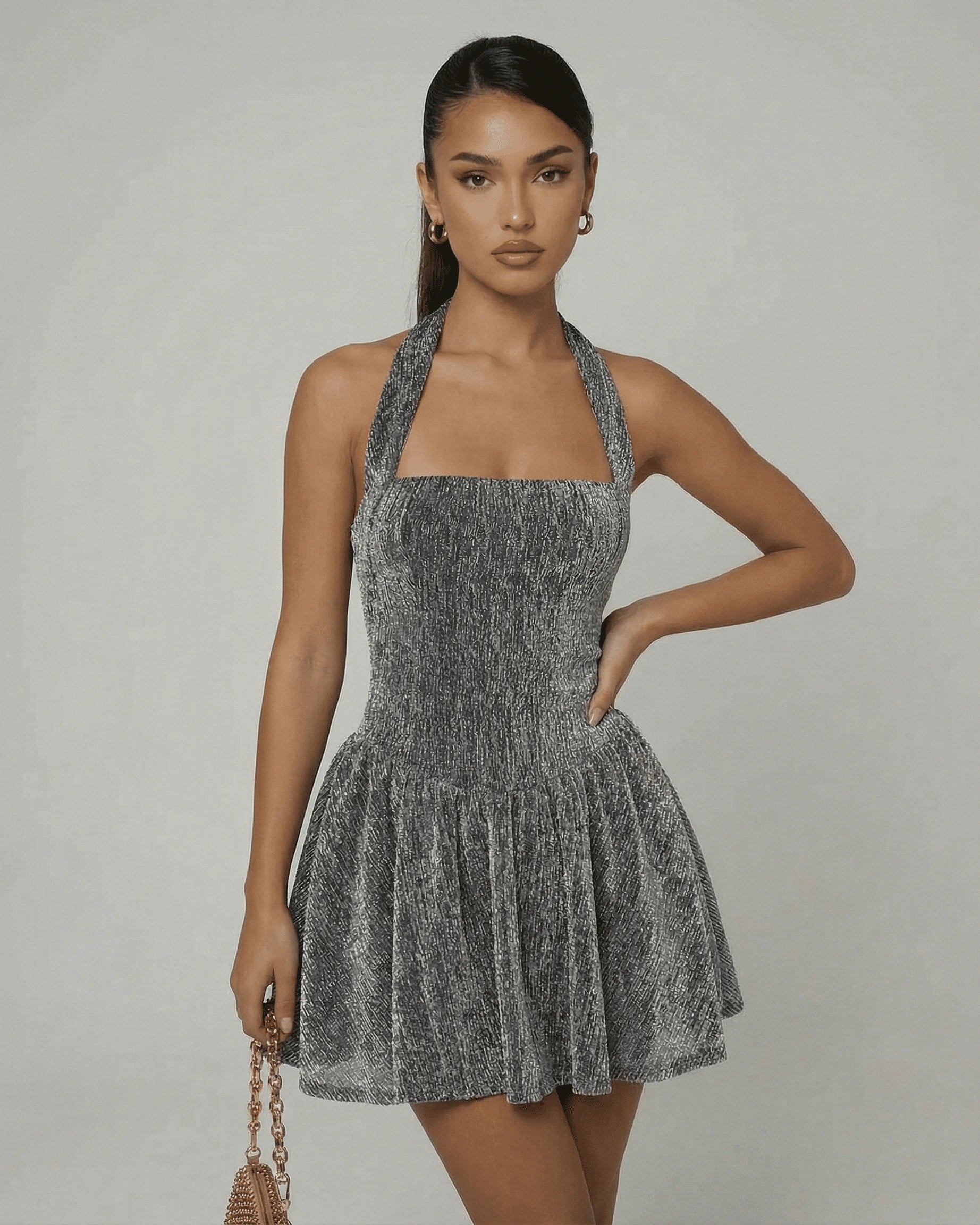 Milan Mini Dress – Silver Sequin Halter mini dress, side view by Slimona